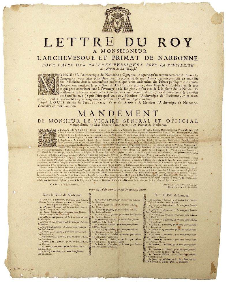 Null 1708. (AUDE). "Lettera del ROY a Mons. L'Arcivescovo e Primate di NARBONNE,&hellip;