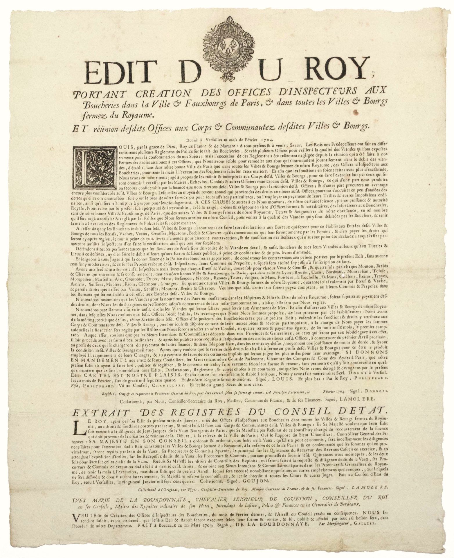 Null PARIGI. BORDEAUX (33). 1704. BUTCHERIES - "Editto del ROY che porta la Crea&hellip;