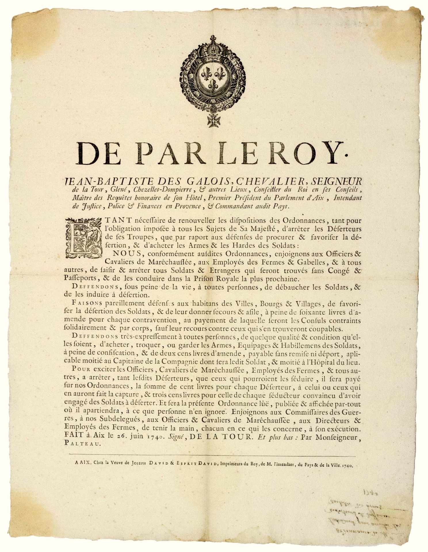 Null 1740年，艾克斯-恩普朗斯的议会。逮捕逃兵。1740年6月26日在爱克斯（13）发布的塔楼主人、爱克斯议会第一任主席、普罗旺斯总督Jean Bapt&hellip;