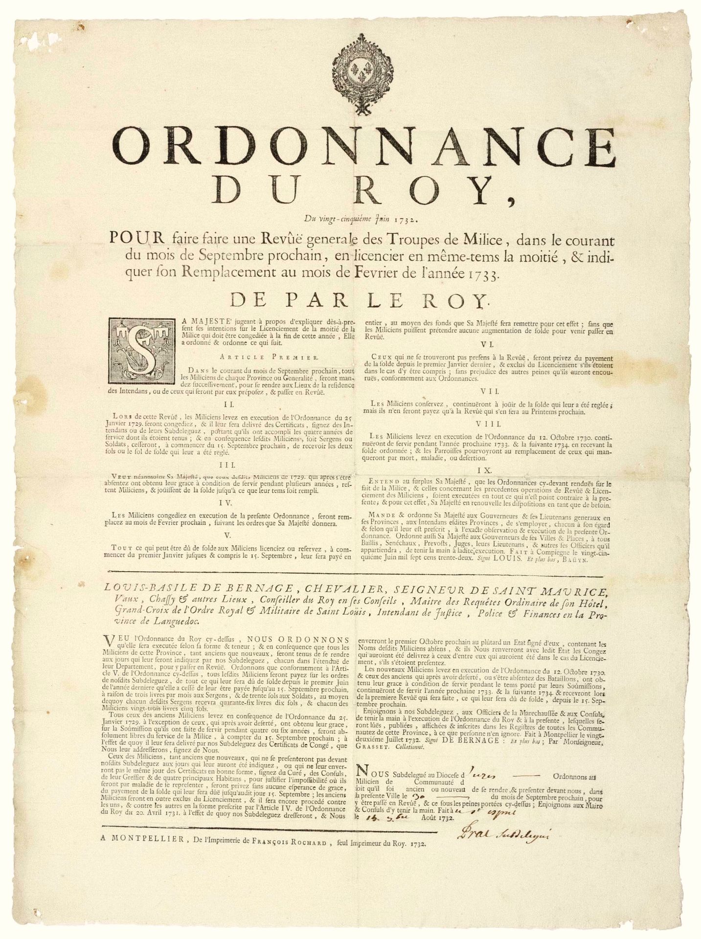 Null 1732.LANGUEDOC.(GARD)。对民兵部队的总审查。"1732年6月25日路易十五国王的命令，在明年9月期间对军事部队进行一次全面审查。朗&hellip;