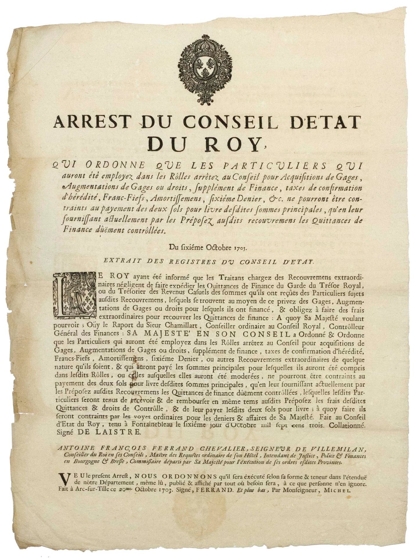 Null BURGUNDY & BRESSE. 1703. "Arrest of the Council of State of the ROY. Which &hellip;