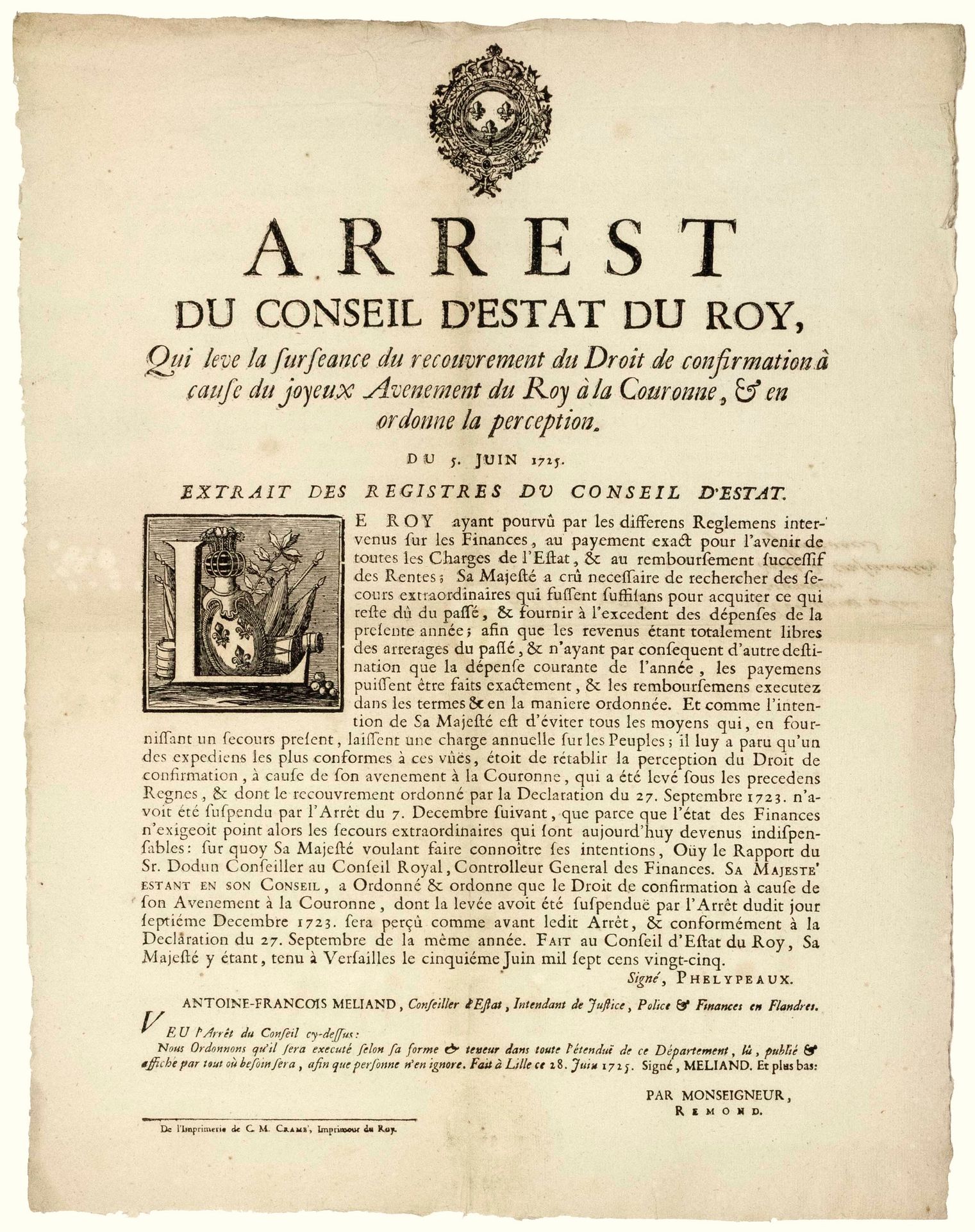 Null 1725. VERSAILLES (78). LILLE (59). AVÈNEMENT DU ROI À LA COURONNE. “Arrest &hellip;