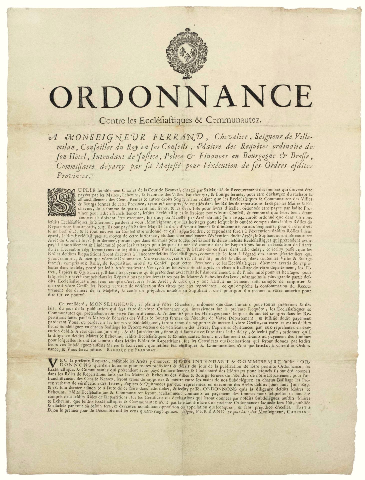 Null CÔTE D’OR. 1695. BOURGOGNE & BRESSE. – Ordonnance de Monseigneur FERRAND In&hellip;