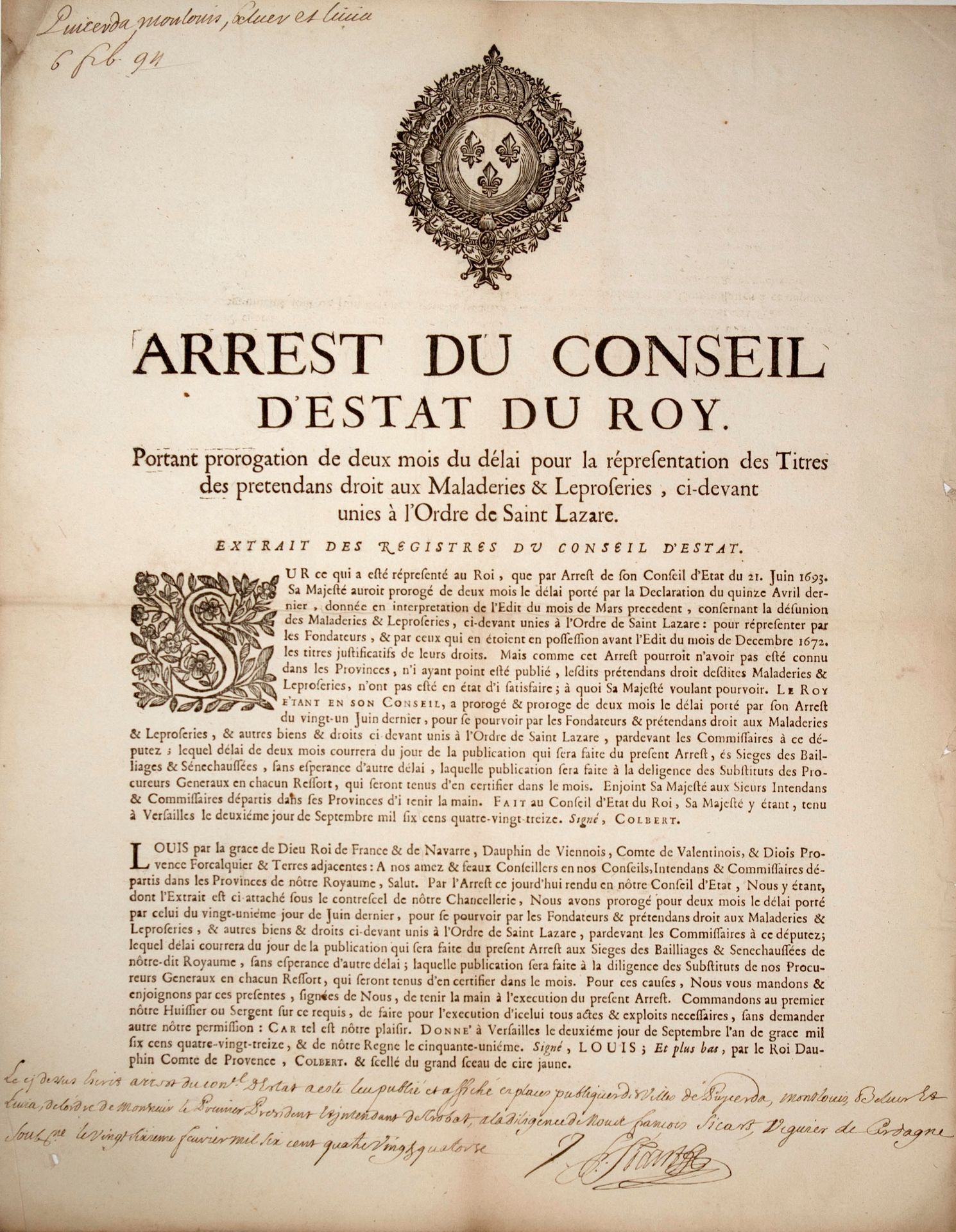Null CUARTOS DE ENFERMEDAD Y LEPROSERÍA. 1693. CERDAGNE (66). "Decreto del Conse&hellip;