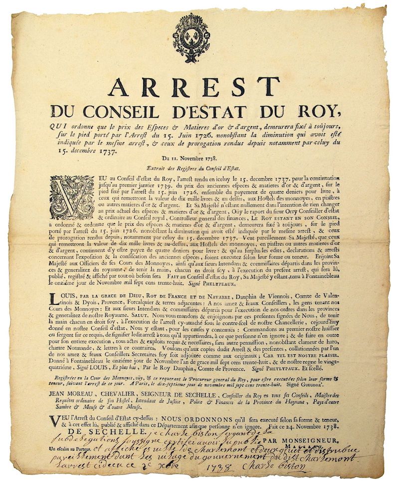 Null 1726. HAYNAUT. DINERO DE ORO Y PLATA. Arrest du Conseil d'Estat du Roy, qui&hellip;