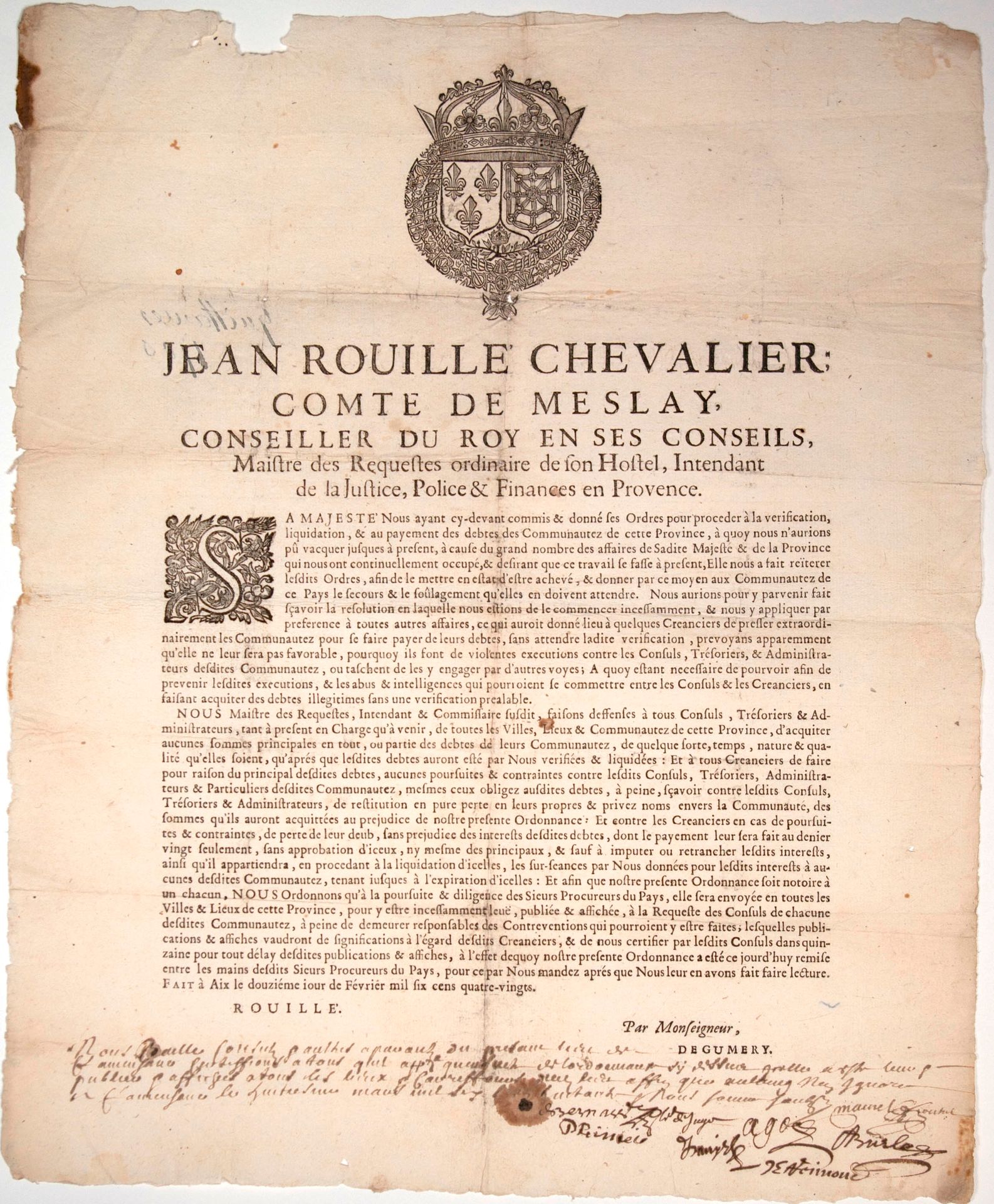 Null PROVENCE. 1680. Ordonnance de Jean ROUILLÉ Comte de MESLAY, Intendant en Pr&hellip;