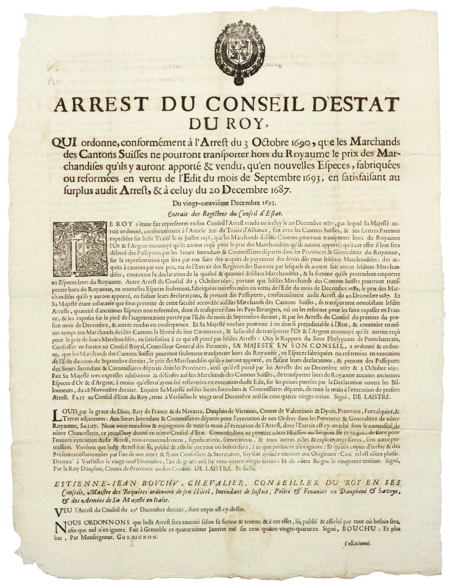 Null DELFINATO E SAVOIA. 1694. MERCANTI DEI CANTONI SVIZZERI. CURRENZE. "Arrest &hellip;