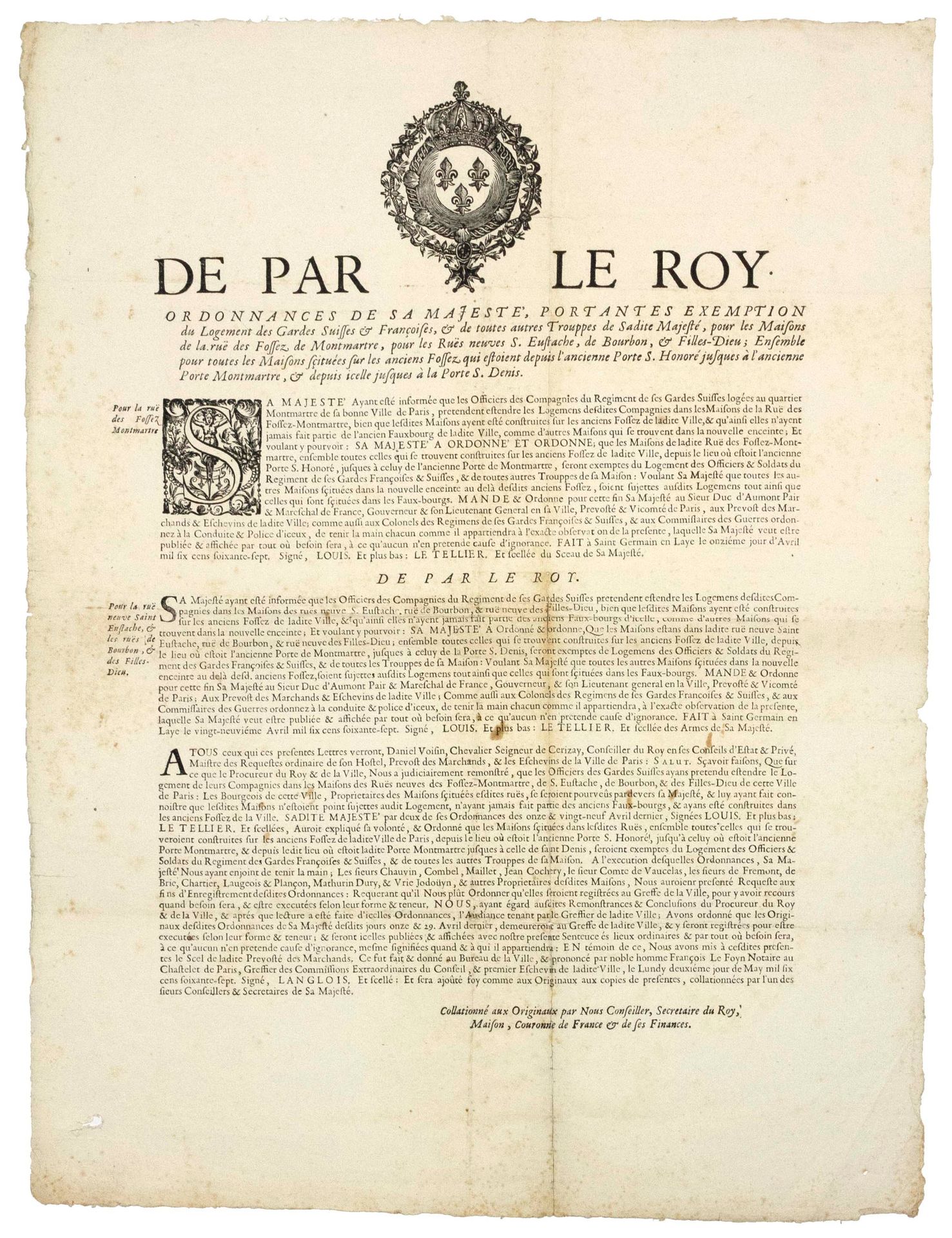 Null 1667. SWISS GUARDS. FOSSES OF MONTMARTRE: "De par le Roy. Ordinance of His &hellip;