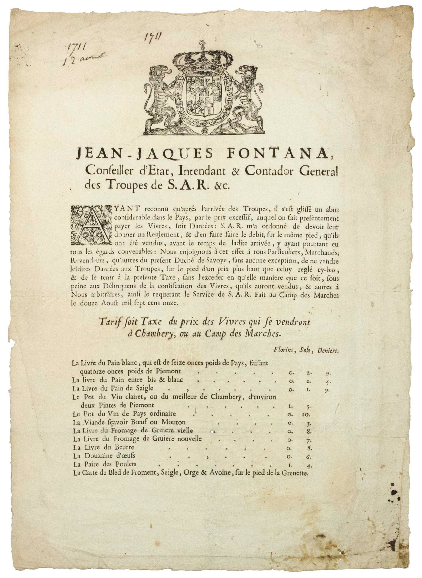 Null 尚贝里的食品关税 (73) 1711。让-雅克-丰塔纳（Jean Jacques FONTANA）国务委员、王室殿下部队指挥官和总指挥的命令"。 (H&hellip;