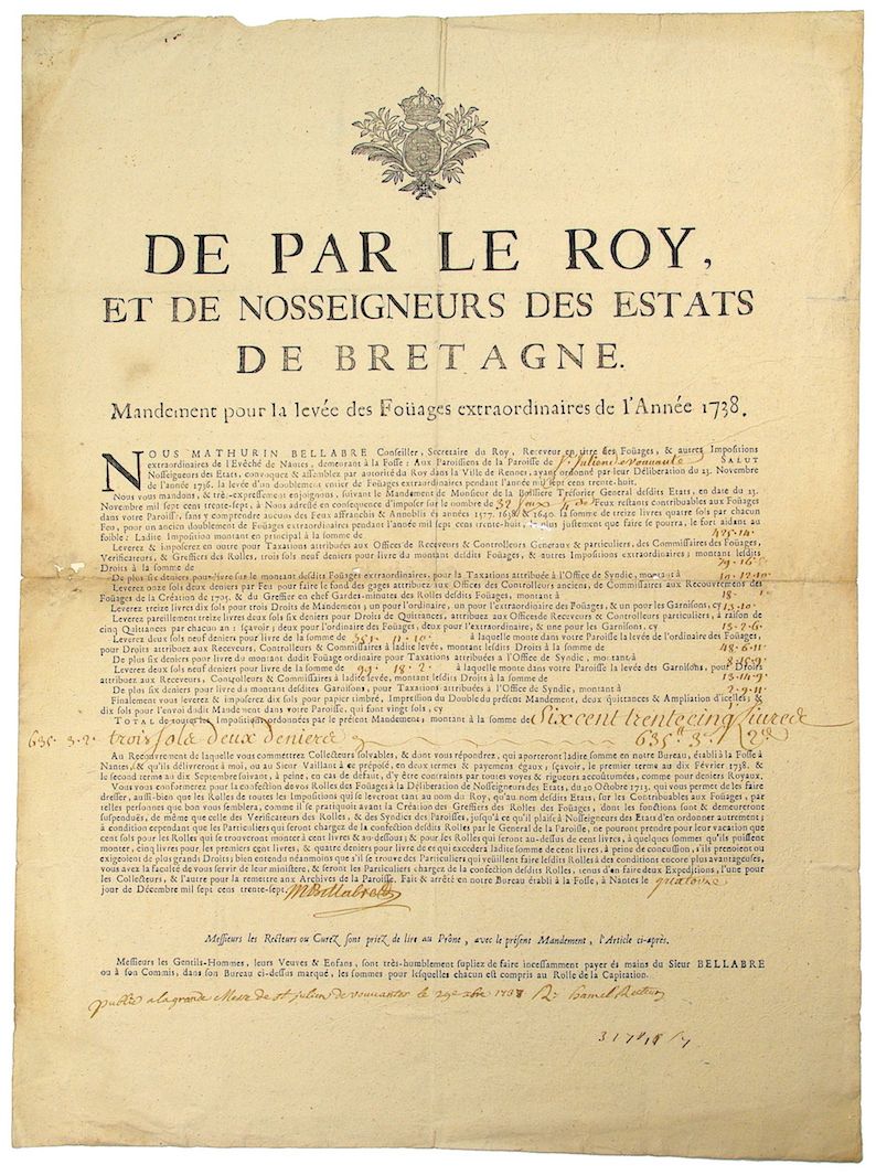 Null 1737. BRETAGNE . ST JULIEN DE VOUVANTES (Loire Atlantique). « De par le Roy&hellip;