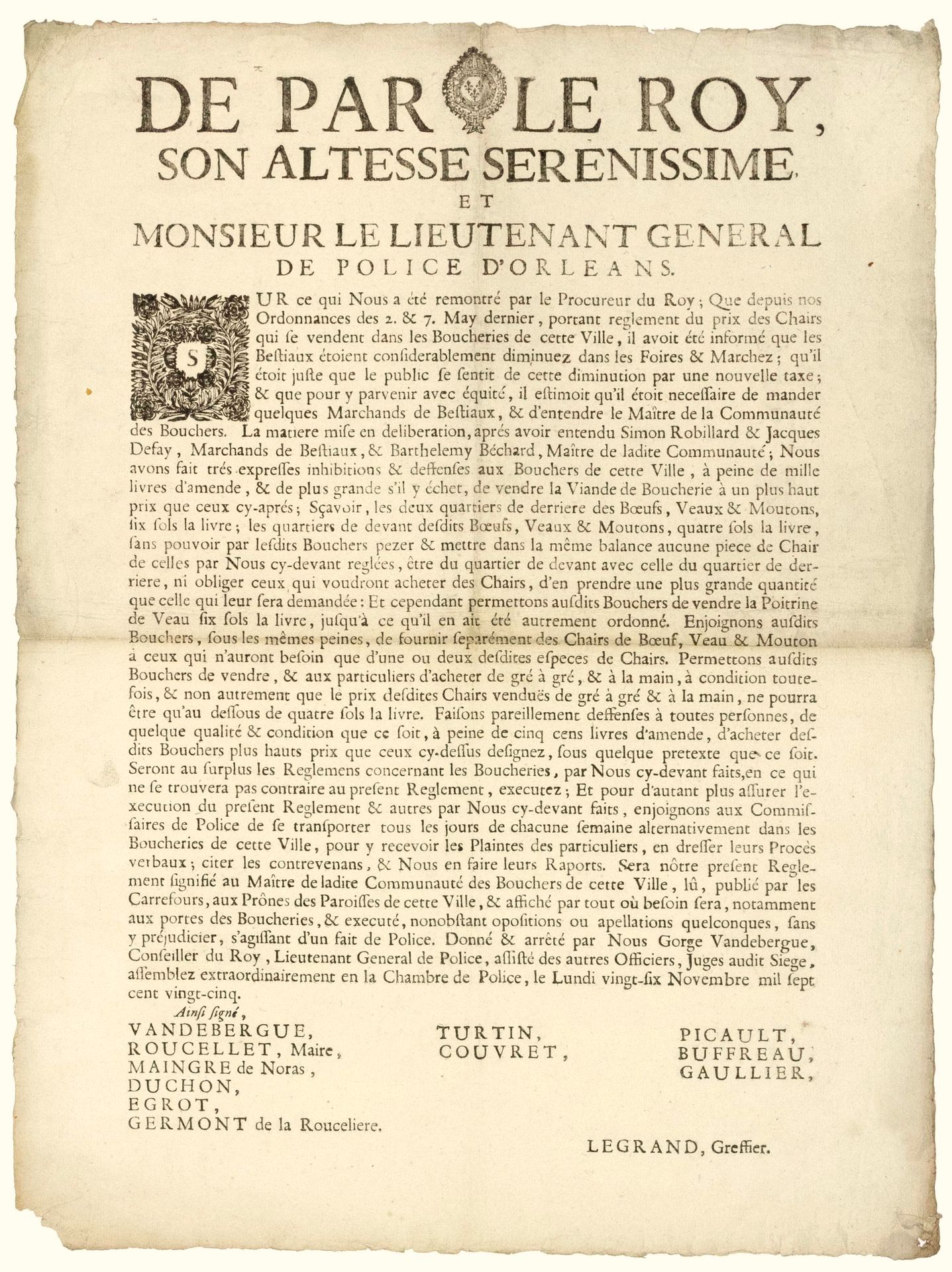 Null ORLÉANS（卢瓦尔省）的警察。1725.BOUCHERIE."De par le Roy, Arrêté de Gorge VANDEBERGUE&hellip;