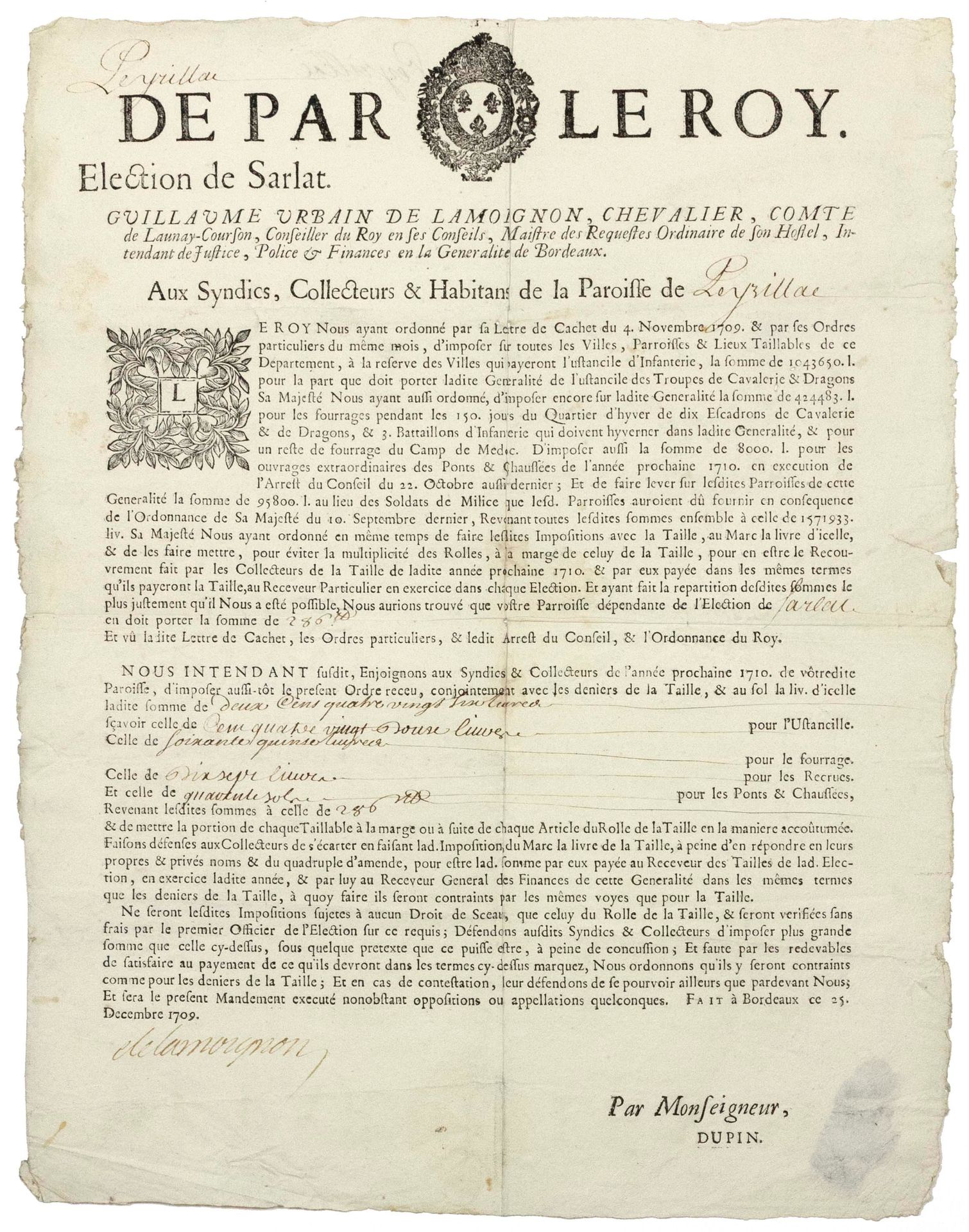 Null (DORDOGNE) 1709 - "DE PAR LE ROY, Élection de SARLAT. Ordenanza de Guillaum&hellip;