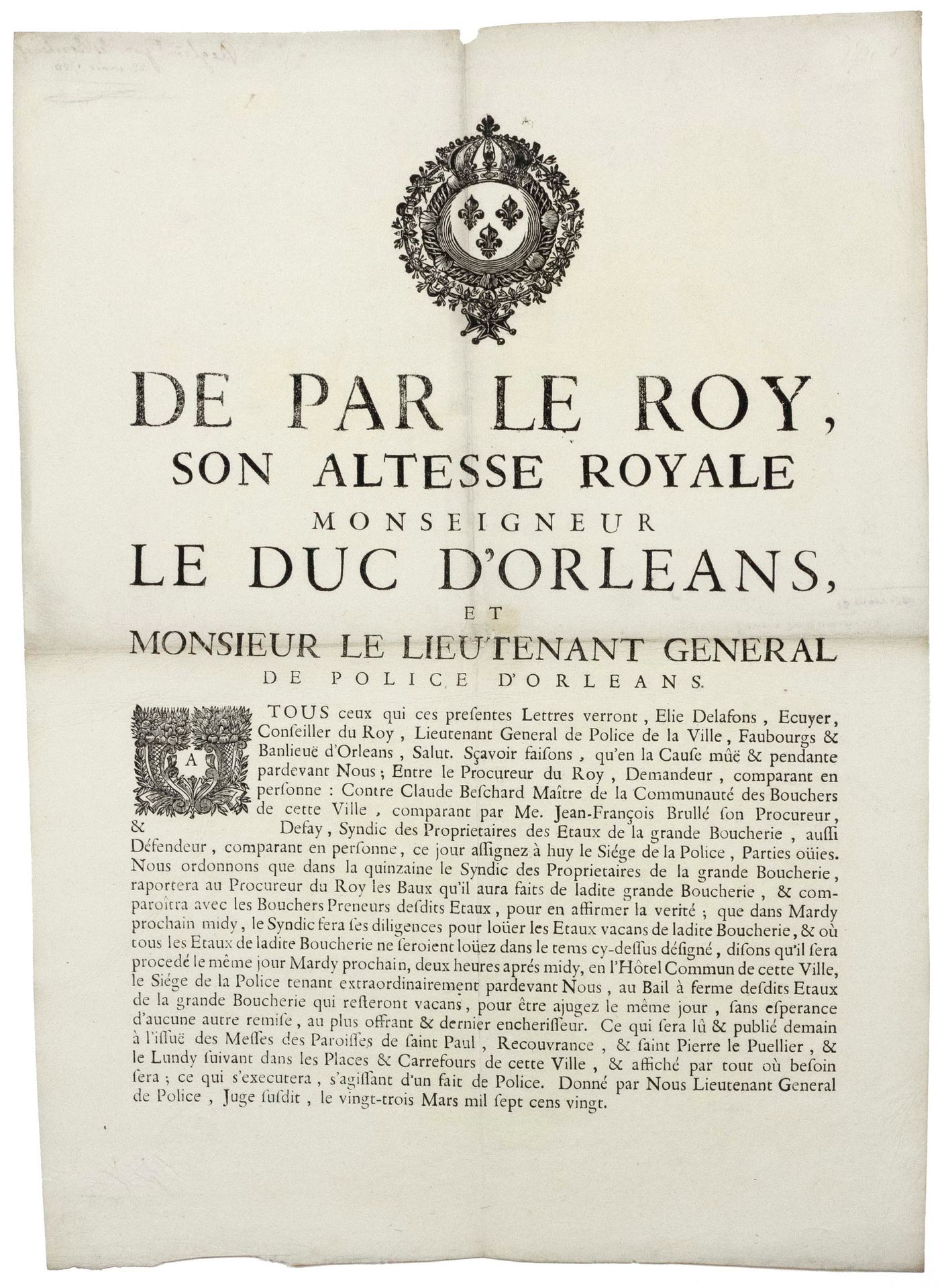 Null ORLÉANS (45). 1720. La grande boucherie - "de par le roi, son altesse royal&hellip;