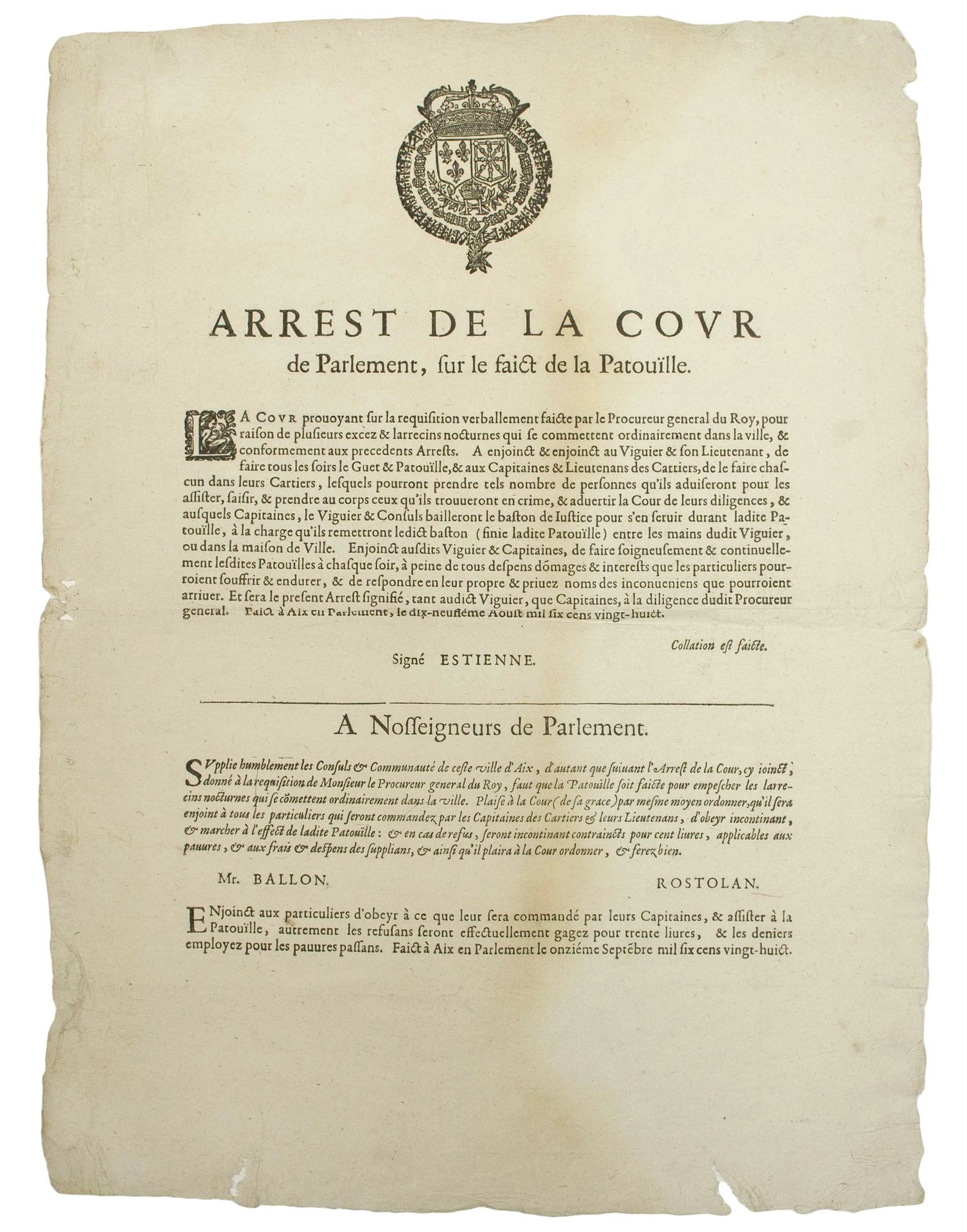 Null 普罗旺斯。1628.街道的警察。议会法庭的逮捕，关于帕图耶的事实" 1628年8月19日在普罗旺斯地区艾克斯（13）完成。插图和字体--"法院根据国王&hellip;