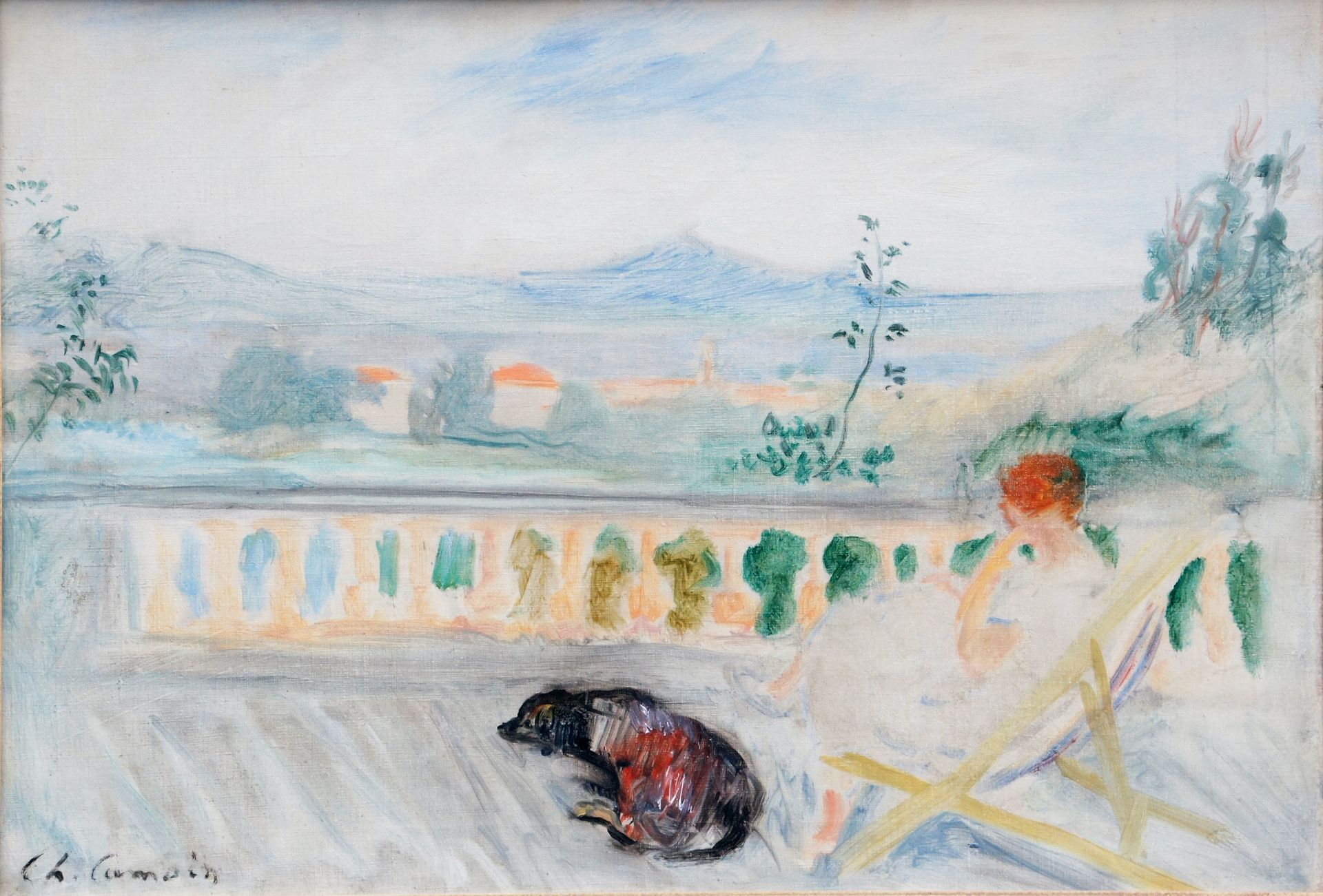 Null 查尔斯-卡蒙(1879-1965)

卡莫安夫人和她的狗在圣特罗佩的阳台上 布面油画，左下角签名

38 x 54,5 cm

美丽的鎏金框架



&hellip;