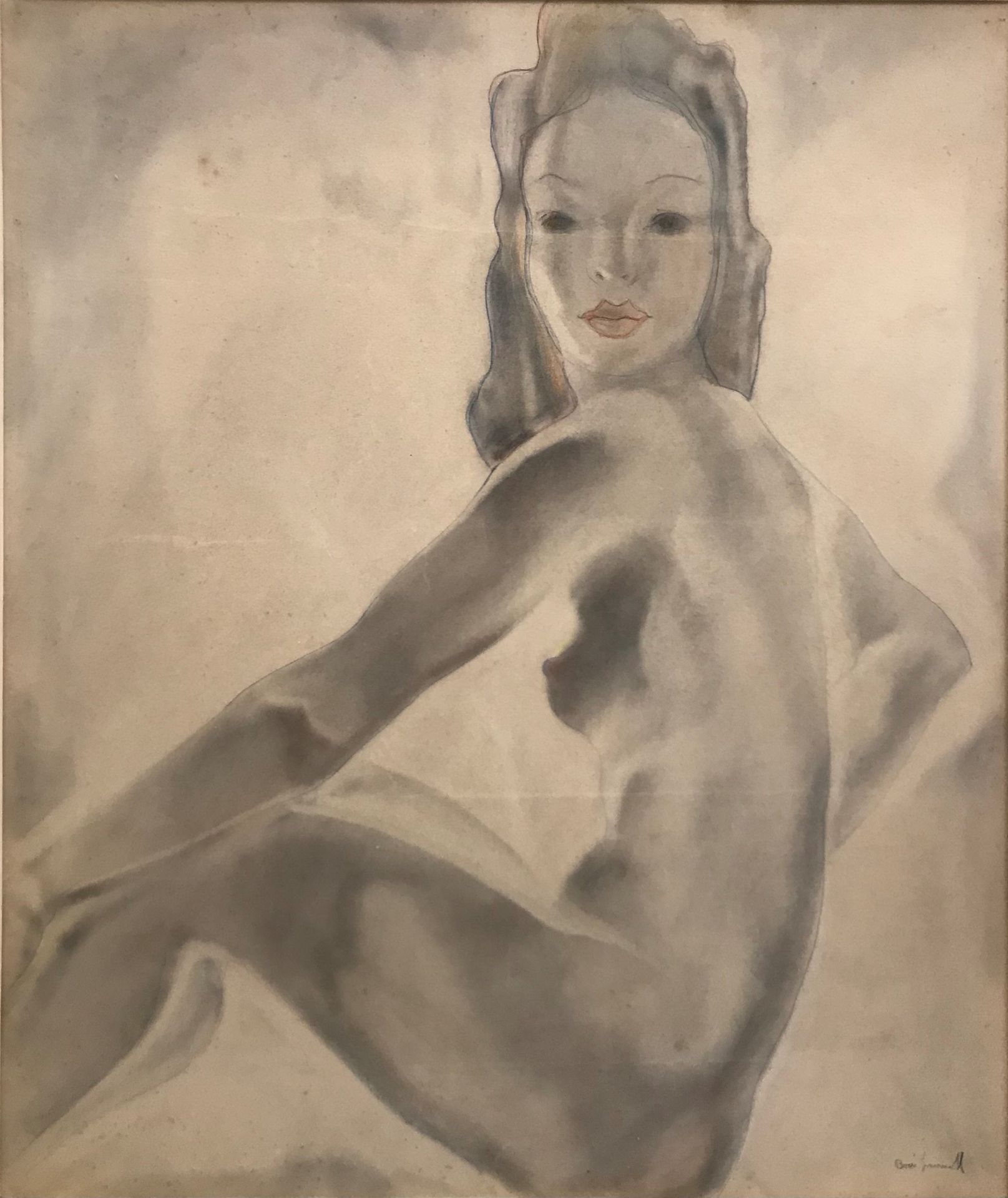 Null Boris SMIRNOFF

(俄国1895年-马河畔卡格纳1976年)年轻的裸体坐着的女人

纸上水彩和铅笔，右下方签名

55 x 46 厘米