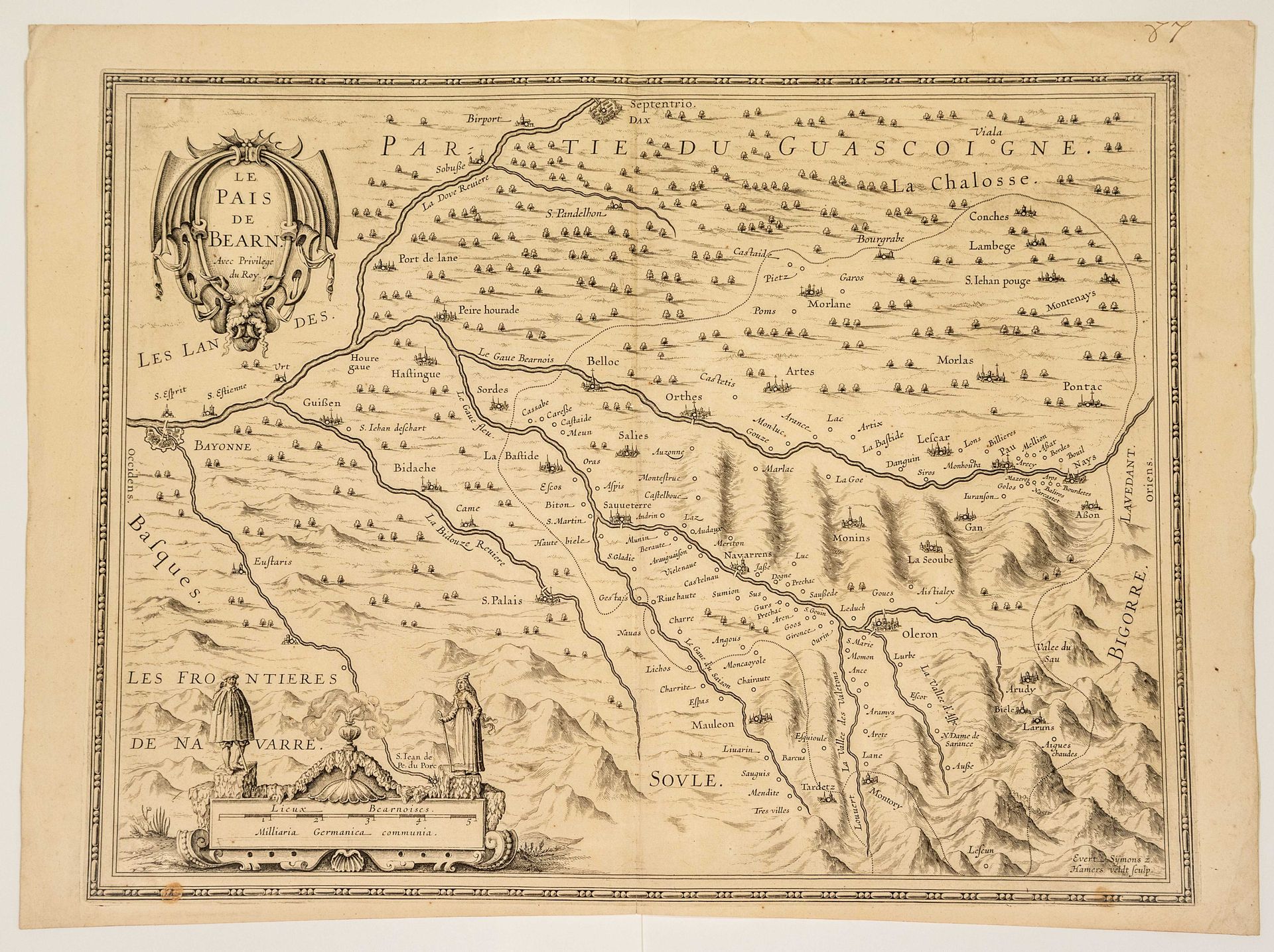 Null Carte XVIIe : « Le Pays de BÉARN, avec privilège du Roi » par Symonsz HAMER&hellip;