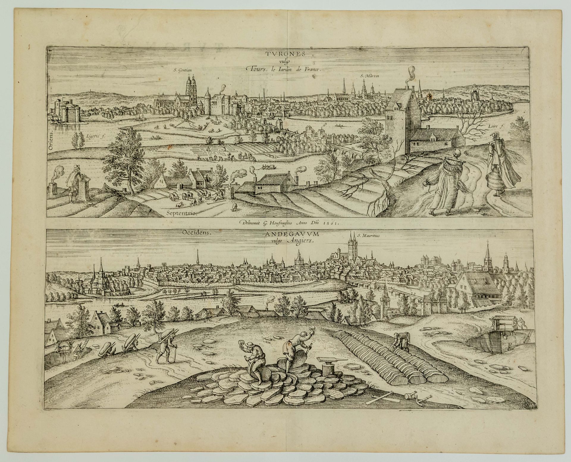 Null TOURS (Indre-et-Loire) & ANGERS (Maine-et-Loire). Kupferstich von 1598 von &hellip;
