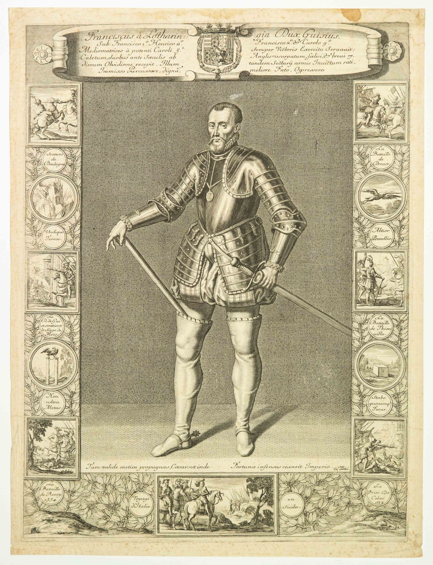 Null "弗朗索瓦-德-洛朗，吉斯公爵"。17世纪的雕刻作品（约1650年），描绘了吉斯第二公爵弗朗索瓦一世（1519-1563年）的全貌和穿着盔甲。