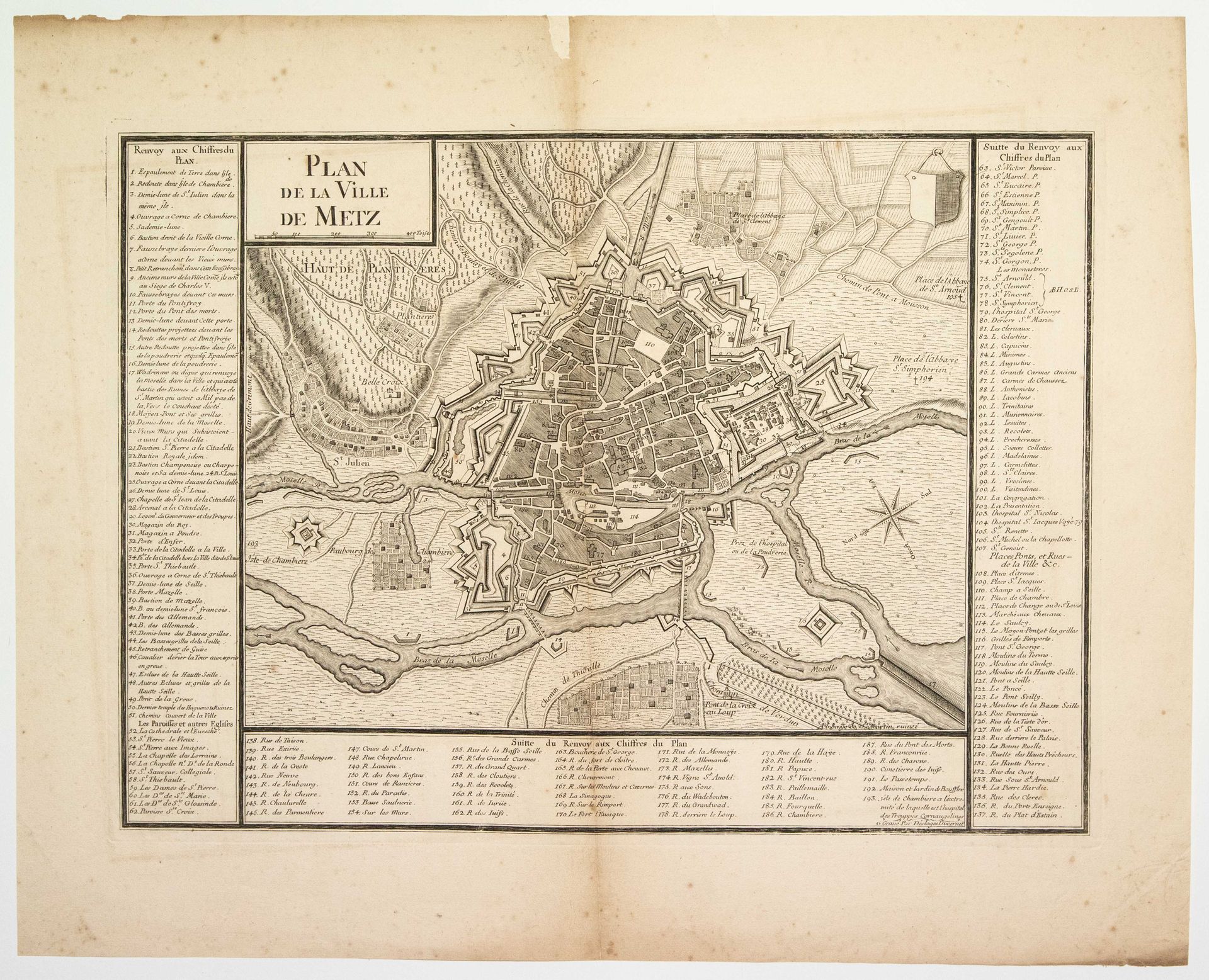Null 梅兹市的地图。(约1730年)：城市、城堡及其防御工事。奥古斯丁-卡尔梅（1672-1757）和德斯洛格-杜维尼特刻的（41 x 51厘米）状况B+