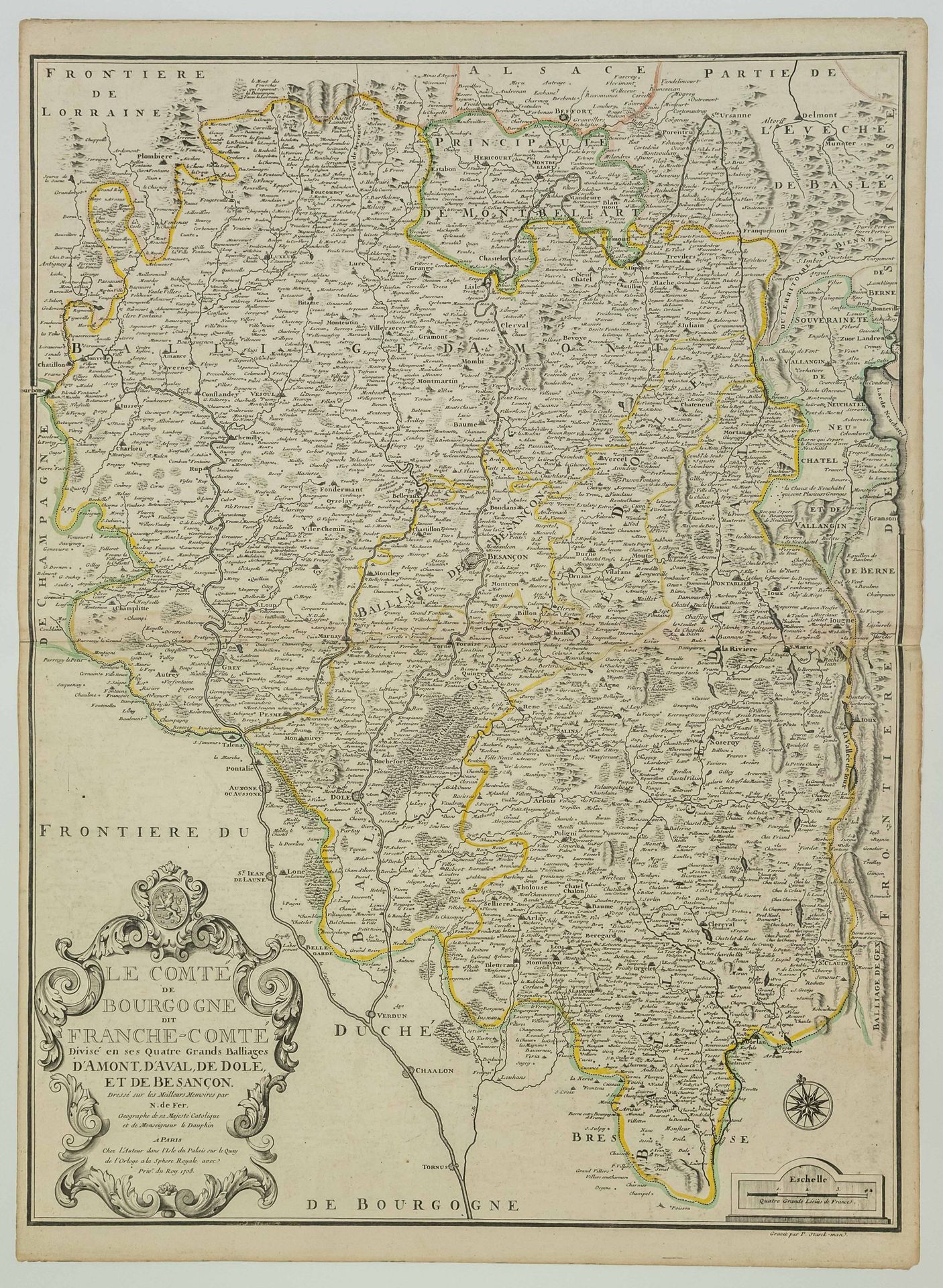 Null Mapa de 1708: "El Condado de BOURGOGNE llamado FRANCHE COMTÉ, dividido en s&hellip;