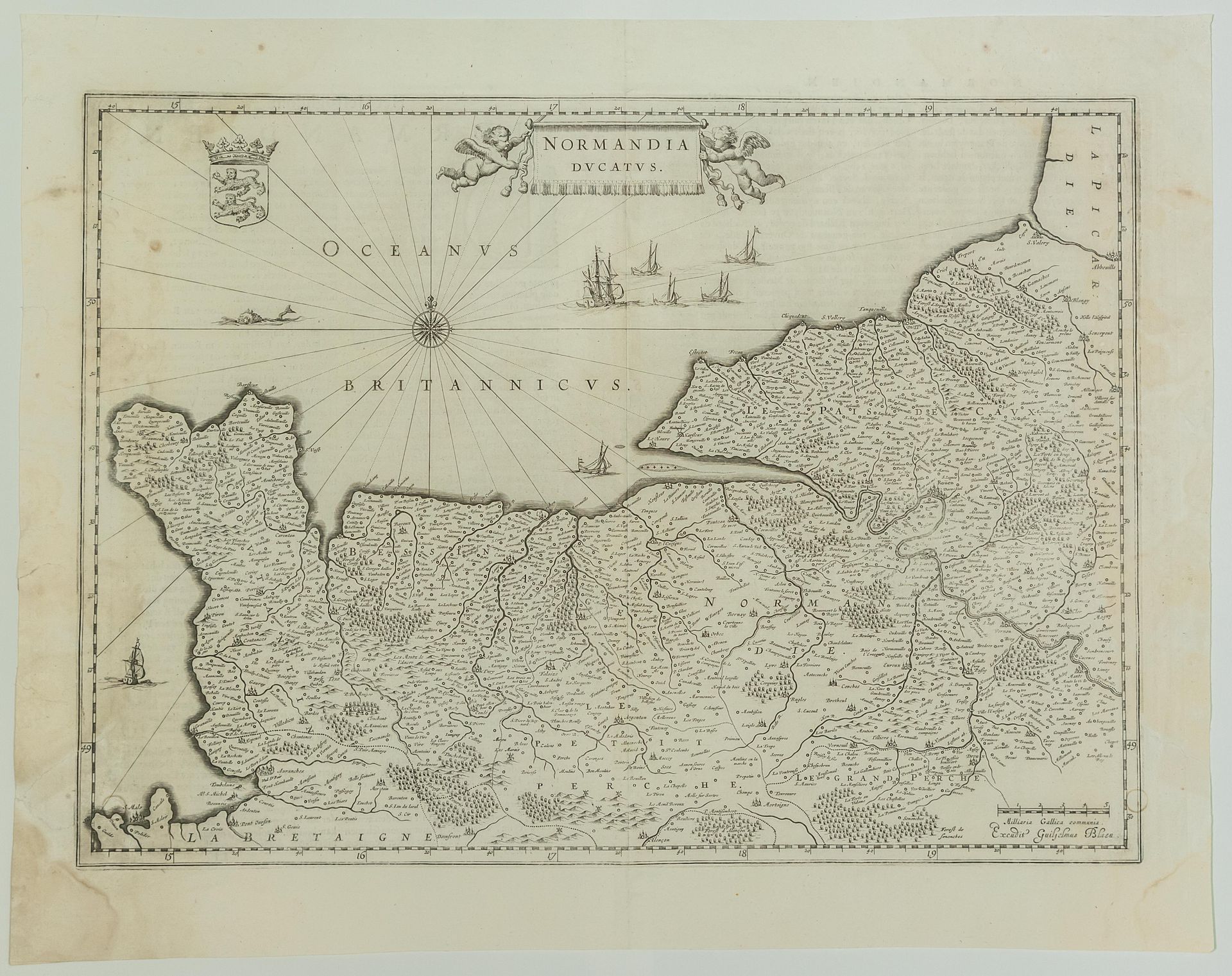 Null 诺曼底亚地图 17世纪："诺曼底亚公爵"。Guillaume BLAEU雕刻的地图(46 x 59 cm) 状态B+。