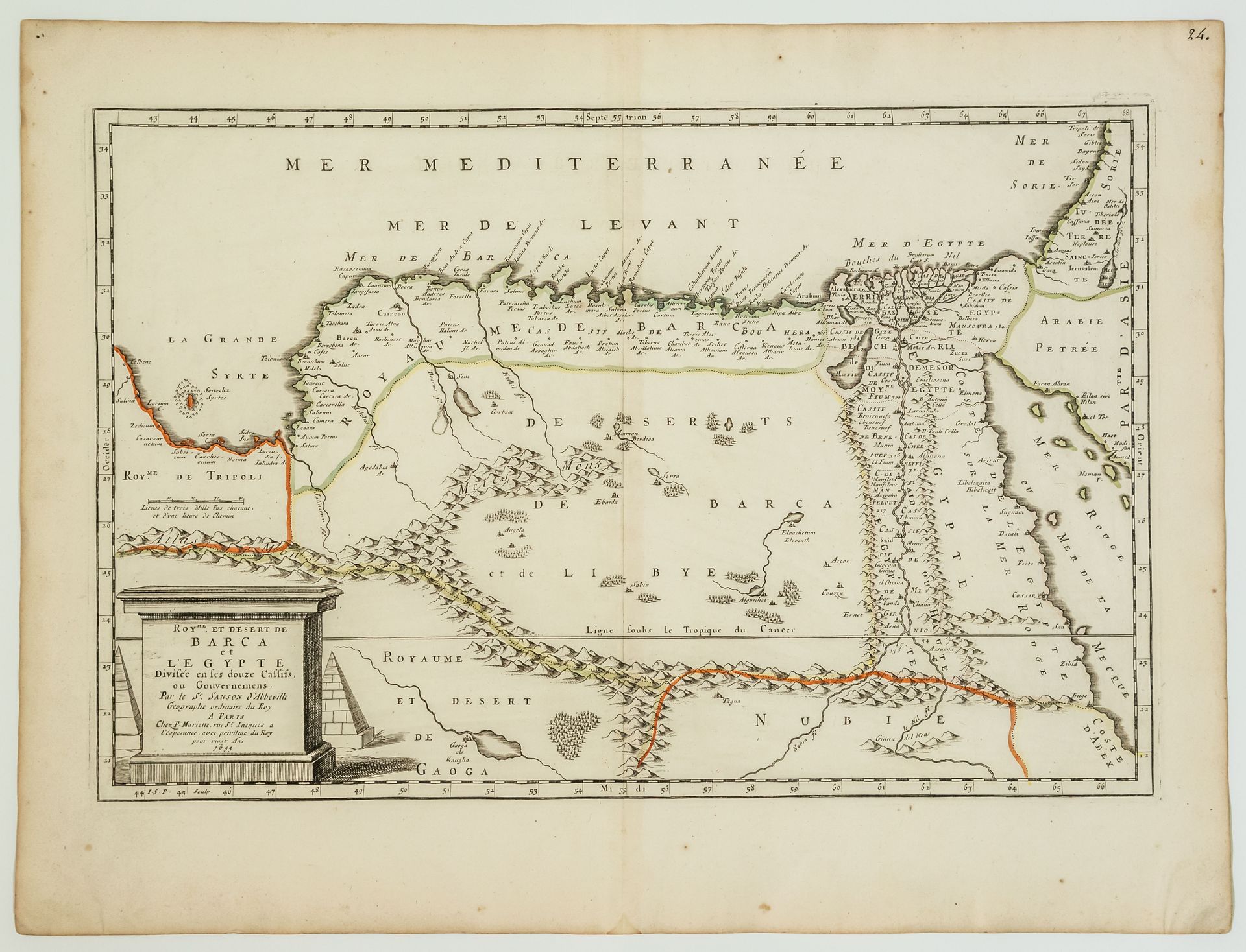 Null 埃塞俄比亚，利比亚。1655年地图："BARCA和LYBIA以及EGYPT的沙漠王国"，以及JUDIA的一部分。分为12个县或政府。作者：Sieur &hellip;
