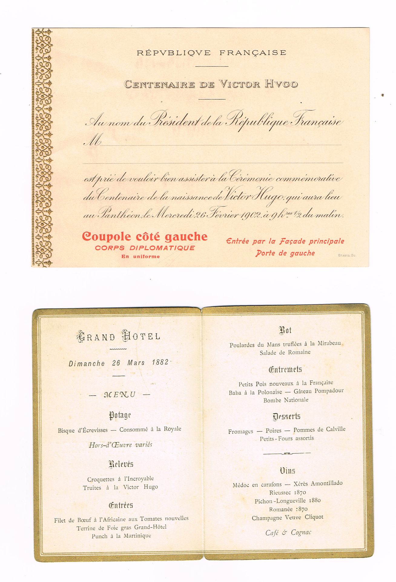 Null [维克多-雨果]：一套2份文件：1）"Quatrevingt-Treize "百年纪念菜单，该剧由保罗-莫里斯根据维克多-雨果的小说改编而成，1881&hellip;