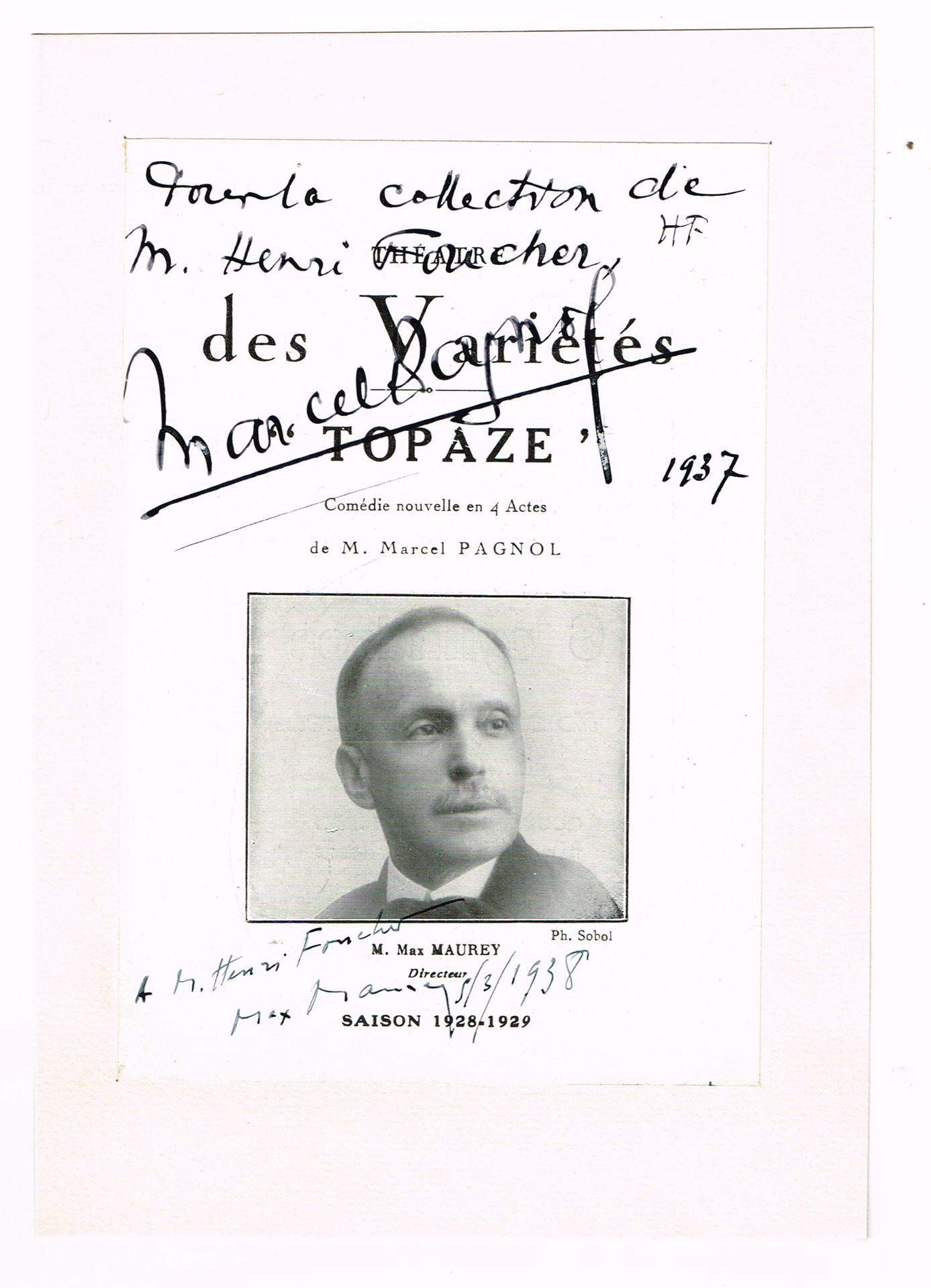 Null 马塞尔-帕格诺尔（Marcel PAGNOL）（1895-1974），剧作家和电影制作人：1937年他为 "Topaze "创作的节目单页（11.5 &hellip;