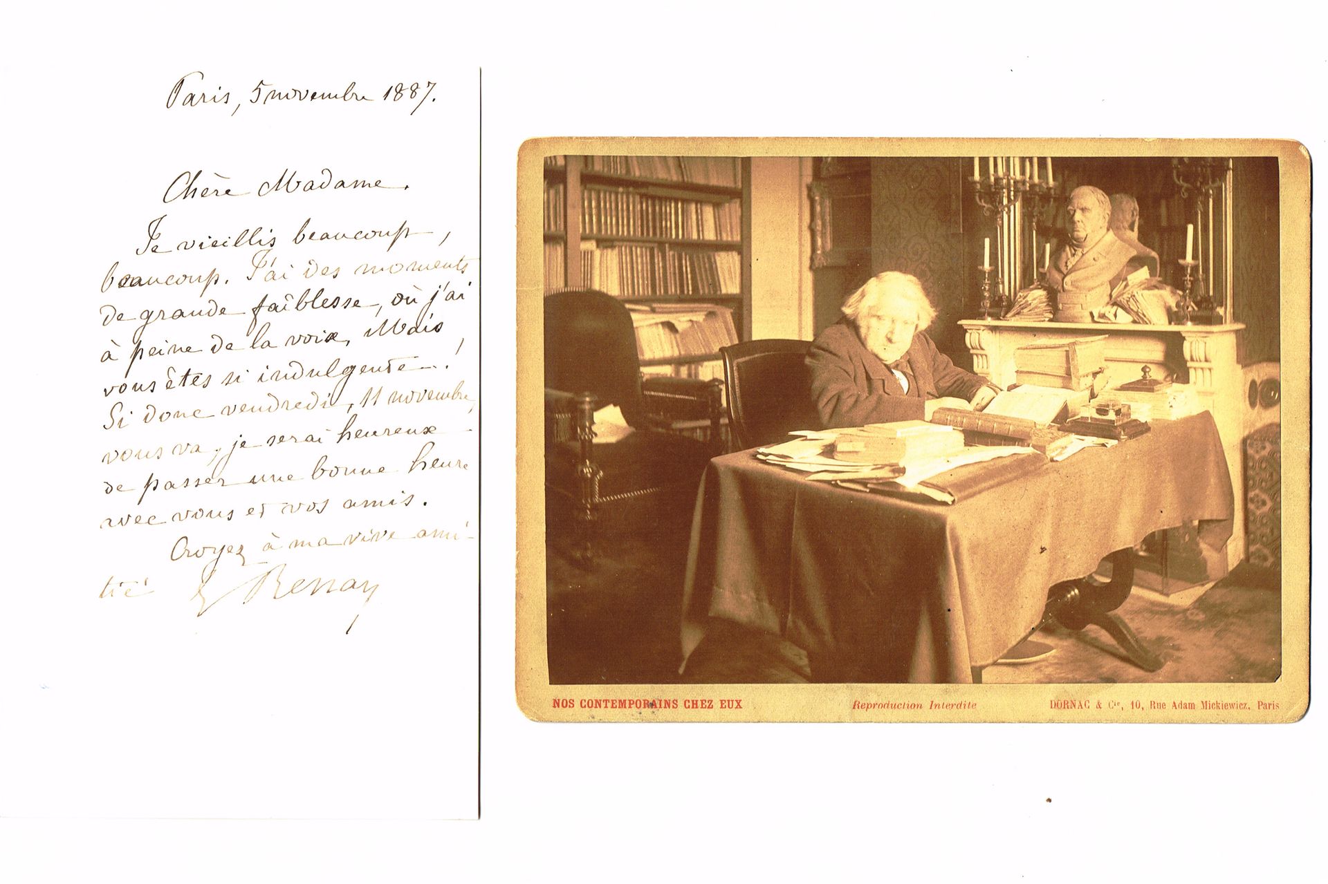 Null 欧内斯特-雷南（1823-1892），历史学家和哲学家：签名的亲笔信，1页4页，1887年11月5日/显示他在工作桌前的原始照片（19 x 14厘米）&hellip;