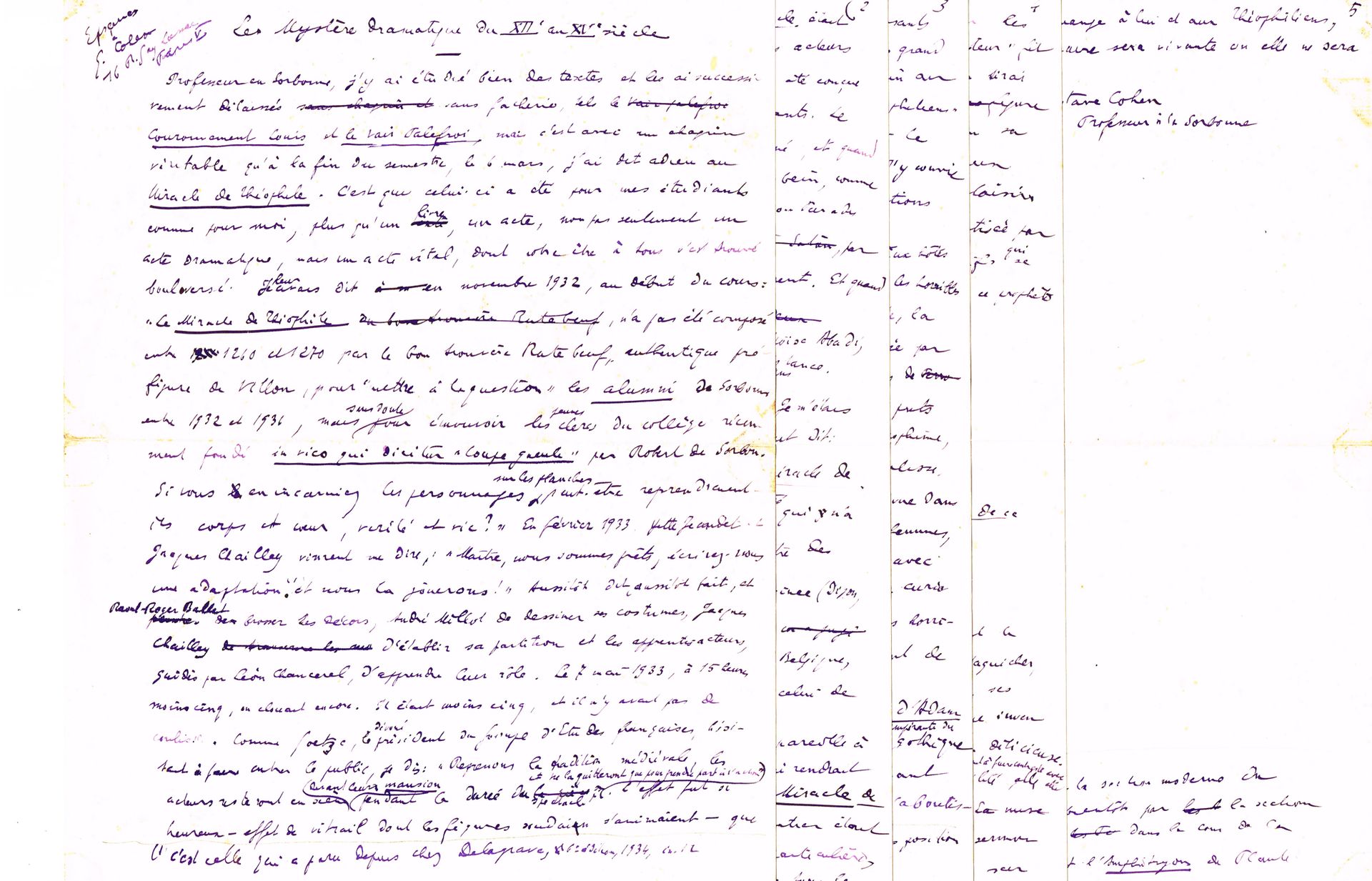 Null 古斯塔夫-科恩（1879-1958），中世纪历史学家：签名的手稿（5页，共4页），题为 "Les Mystères dramatiques du XI&hellip;