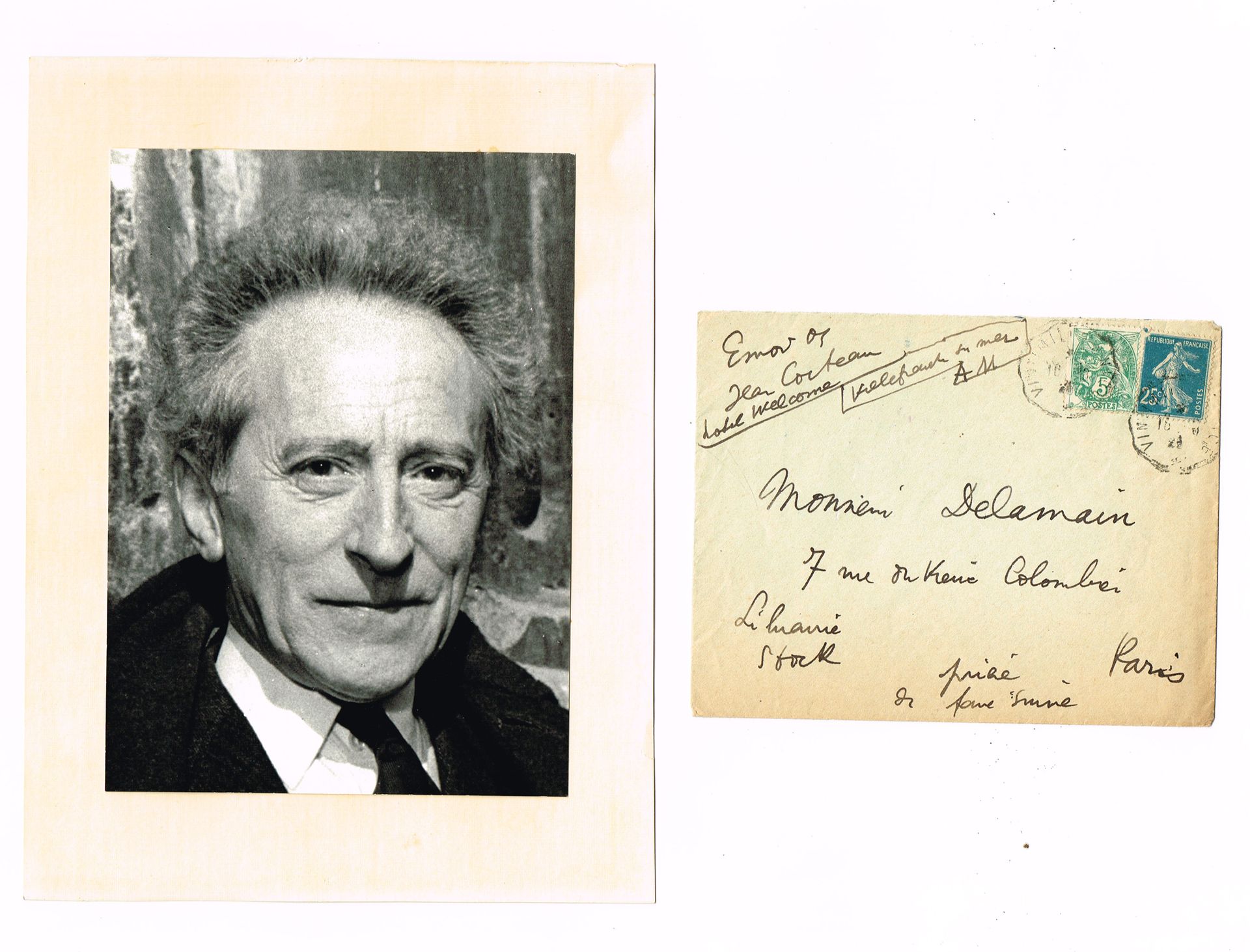 Null 让-考特奥（1889-1963），诗人、制图师、剧作家和电影制作人：文中签名的亲笔信封，1920年代从维勒弗朗什寄给德拉曼，以及背面由摄影师罗杰-皮克&hellip;