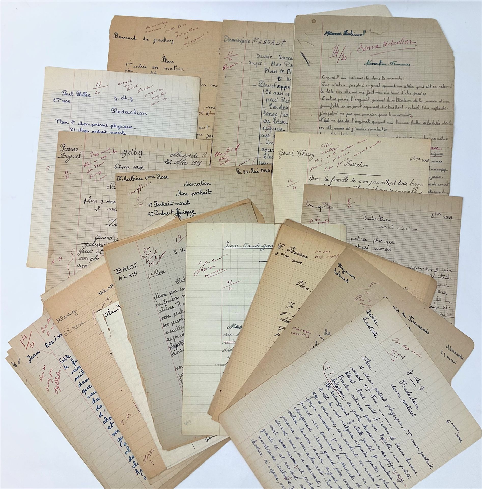 Null Marcel JOUHANDEAU (Guéret 1888-1979), 作家：他六年级学生的31份作业的惊人收集，由他记录并纠正，1940年代