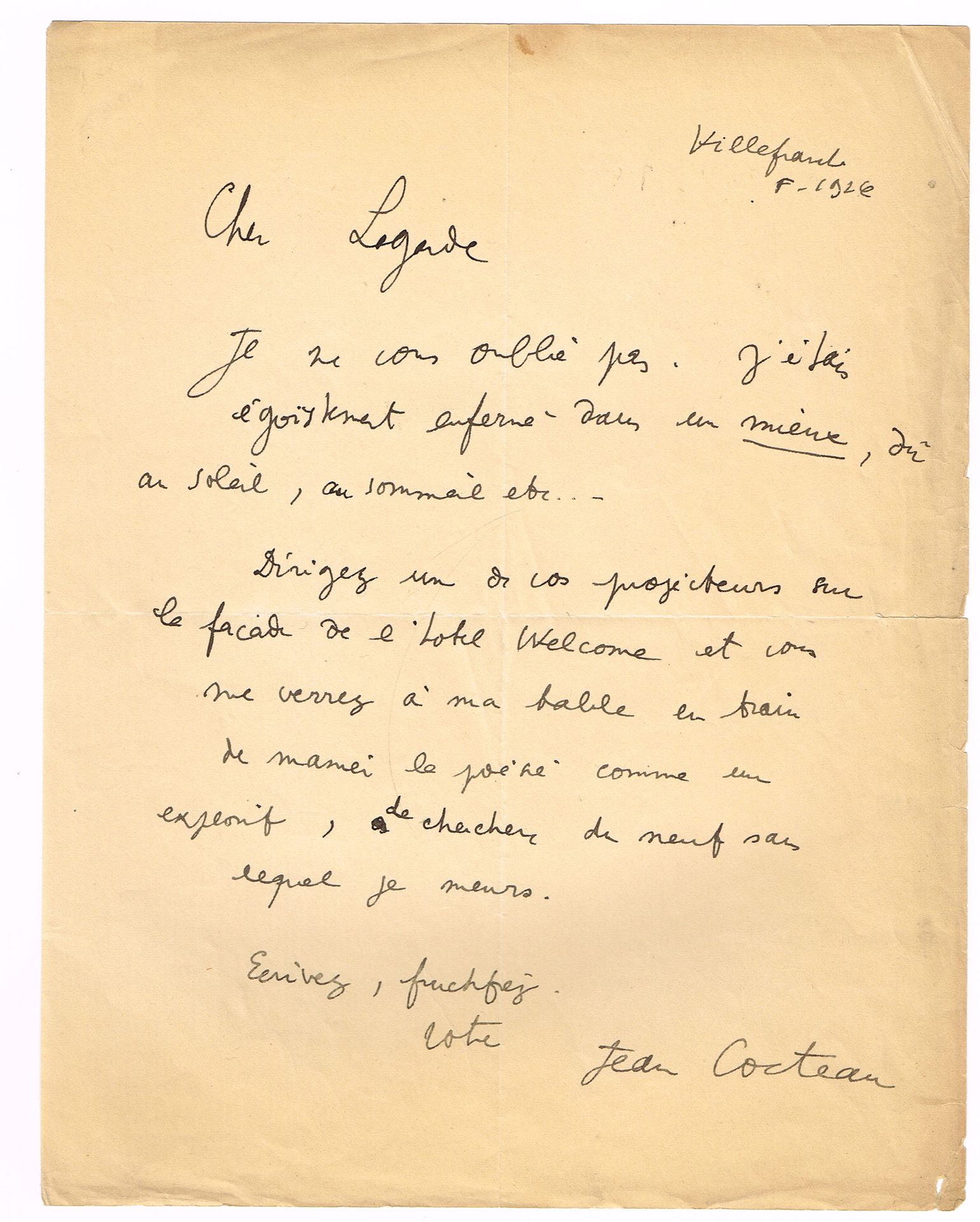 Null Jean COCTEAU（1889-1963），诗人、绘图员、剧作家和电影制作人：签名信，1页4开，维勒弗朗什，1926年，致作家和记者Pierre &hellip;