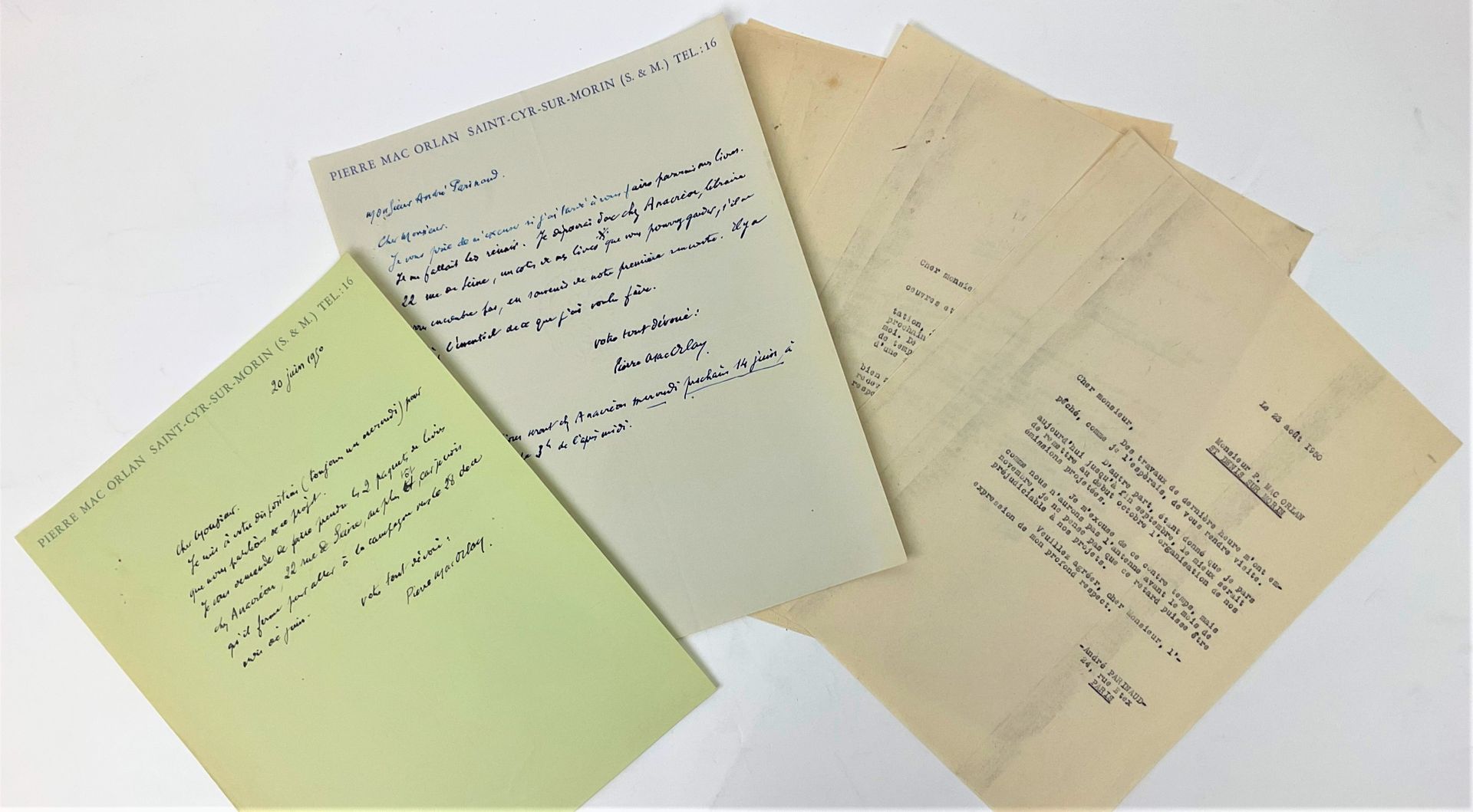 Null 皮埃尔-马克-奥兰（1882-1970），作家：一套2封签名信，每封1页，4页，1950年6月，致记者和作家安德烈-帕里诺（1924-2006）/附：&hellip;