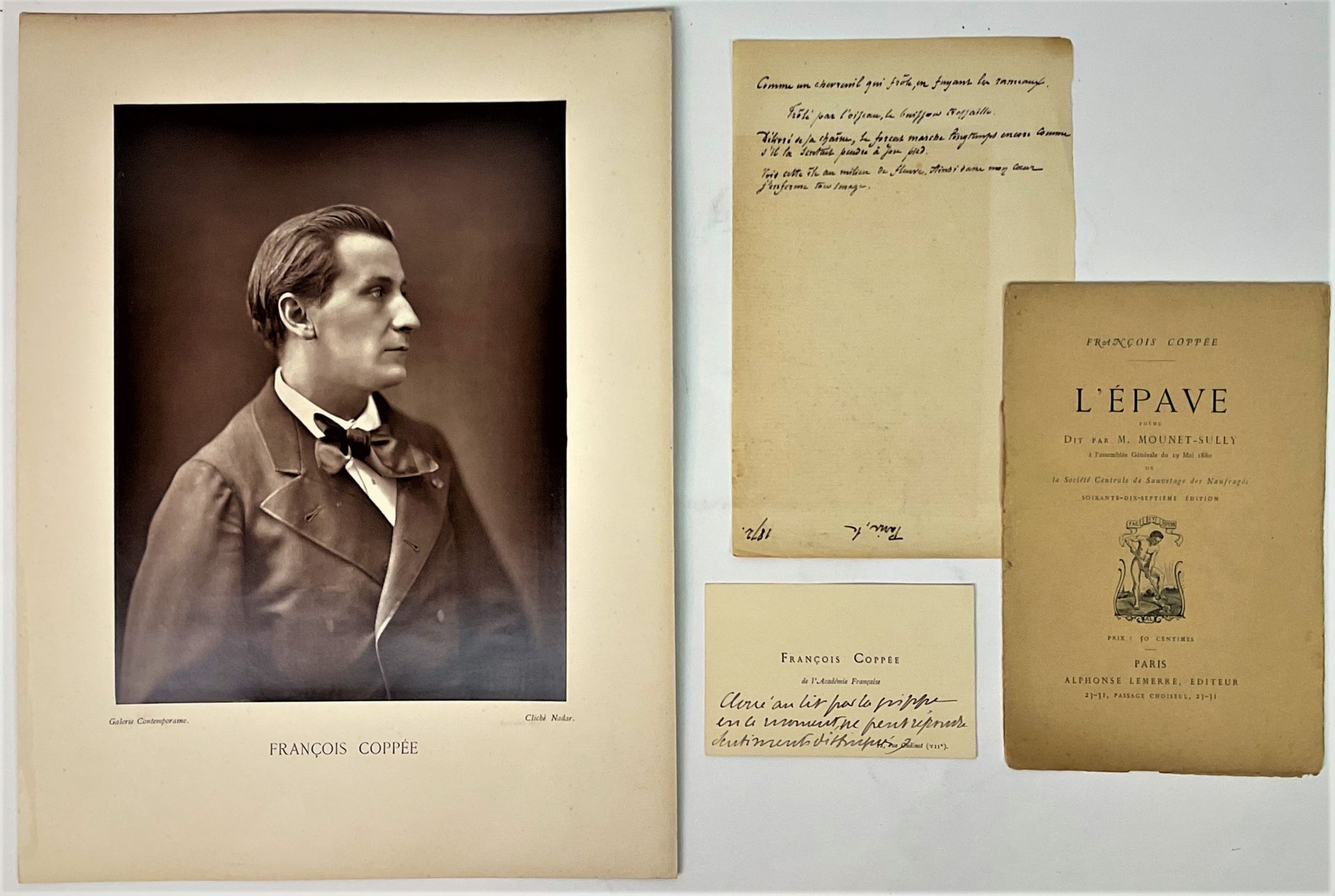 Null 弗朗索瓦-科佩（1842-1908），诗人、剧作家、记者和小说家：1）一些诗句的亲笔手稿；2）亲笔签名的访问卡；3）当代画廊的照片，纳达尔陈词（26 &hellip;