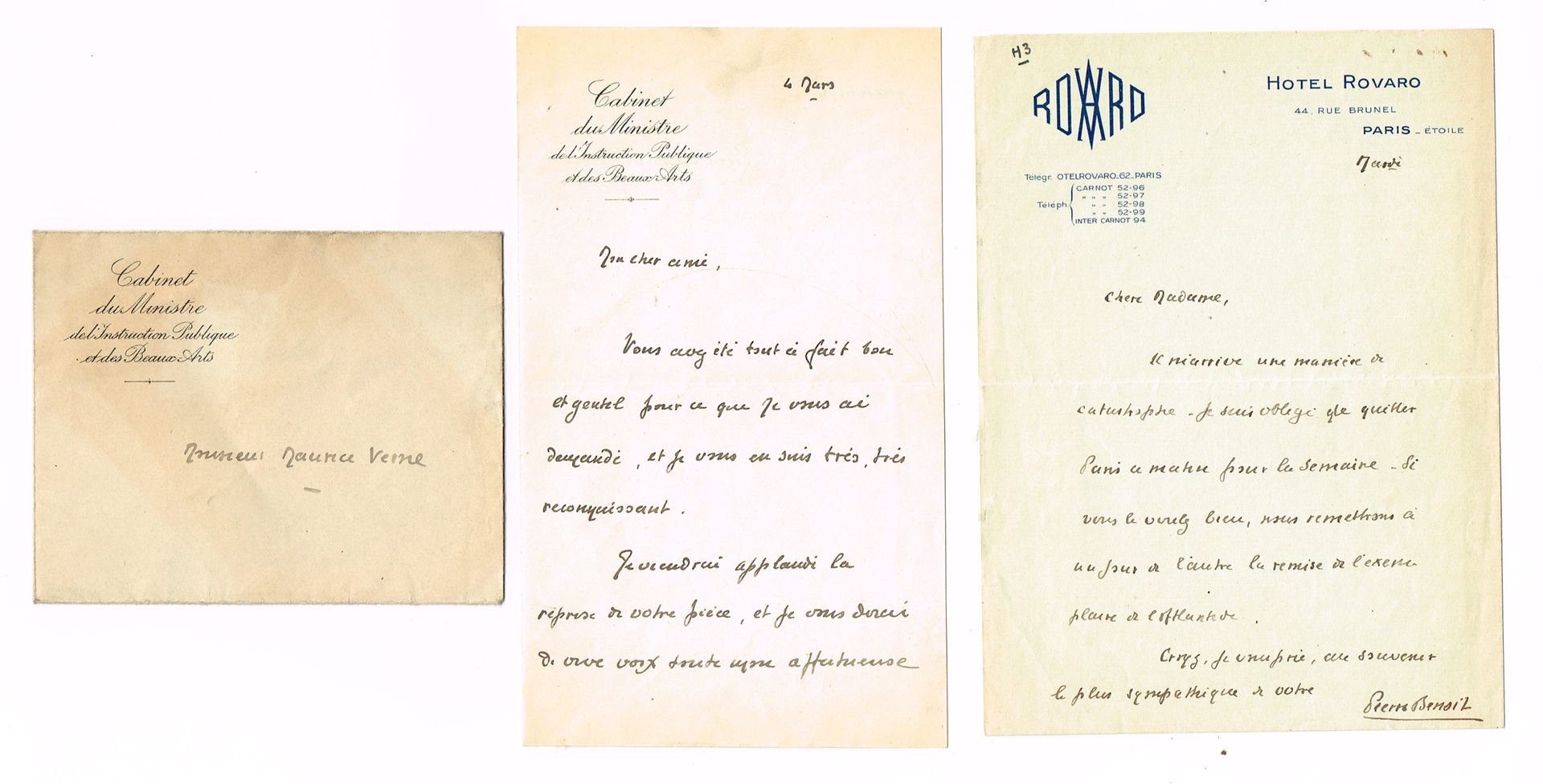 Null 皮埃尔-贝努瓦（1886-1962），环球旅行者，法国学院的大记者和小说家：他亲手写的信，1页8开，巴黎罗瓦罗酒店的信笺，"我不得不在今天早上离开巴黎&hellip;