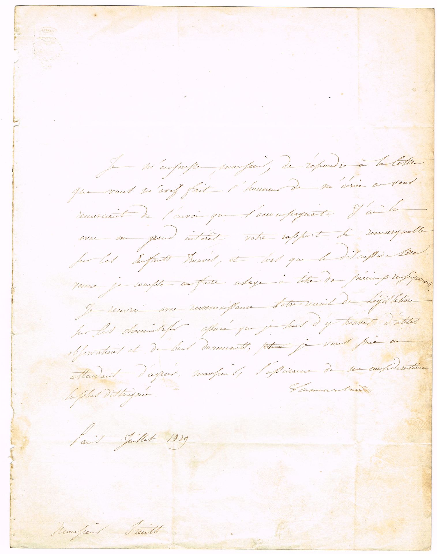 Null 阿尔方斯-德-拉马丁（1790-1869），诗人、小说家、剧作家和政治人物。签名的亲笔信，1页，4页，外加带邮资的地址页，标题是他的首字母和干计数冠，&hellip;