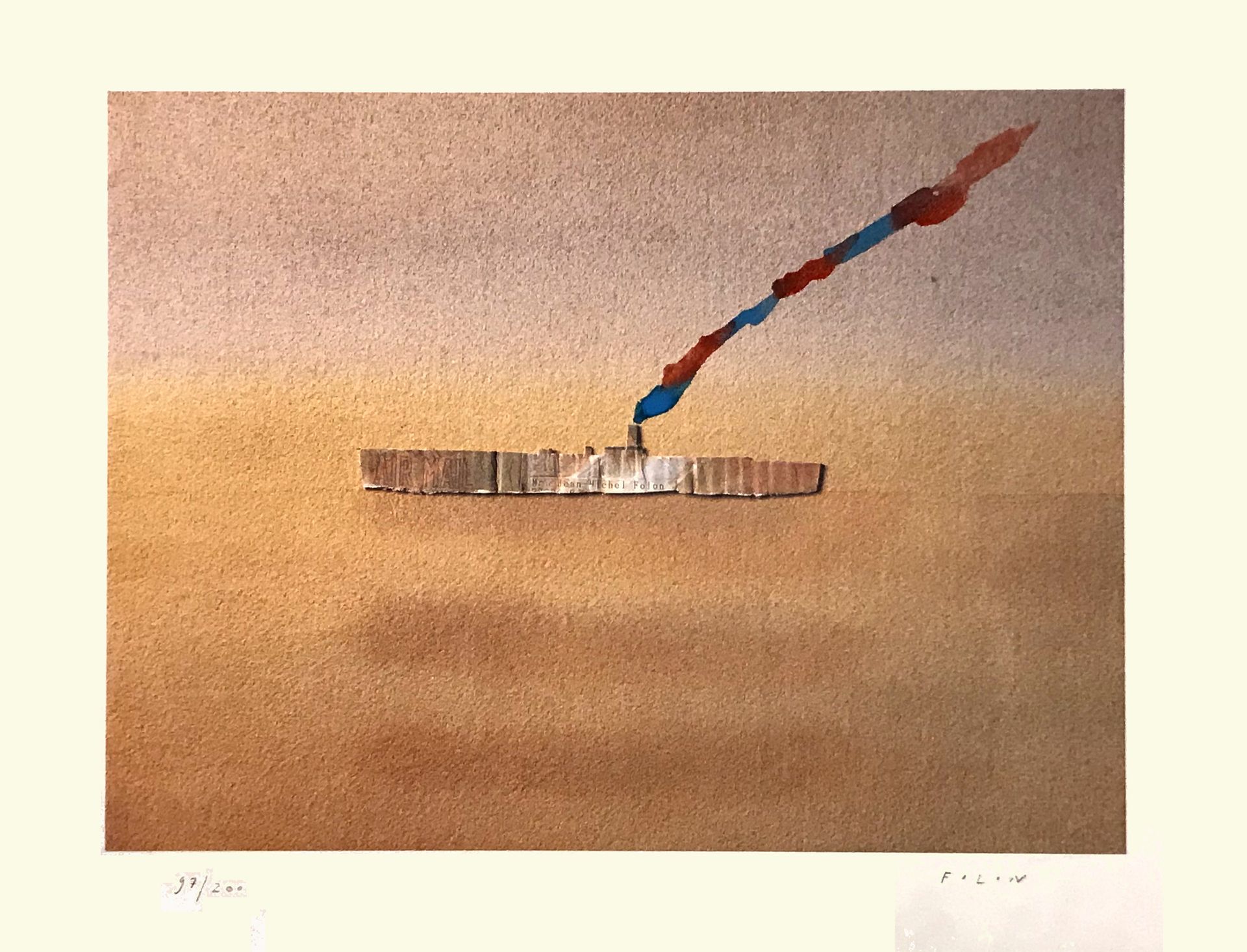 Jean-Michel Folon (1934-2005) Le Navire, 1991
用水彩加强的胶印石版画（在船的烟囱的烟雾水平）
有签名和编号的97/&hellip;