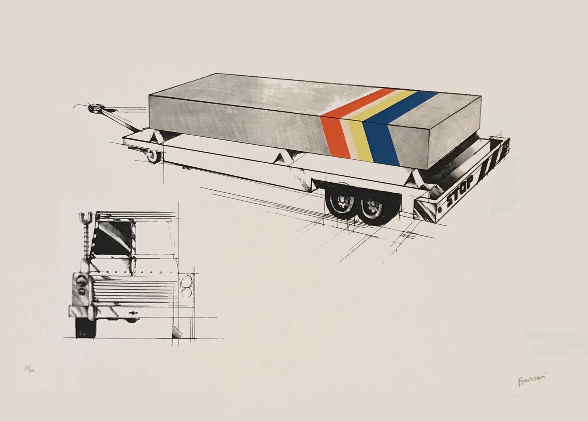 Jean-Claude FARHI (1940-2012) 拖着柱子的卡车
石版画，有签名和编号的61/100
玻璃框架（黑棒）
50 x 65 cm