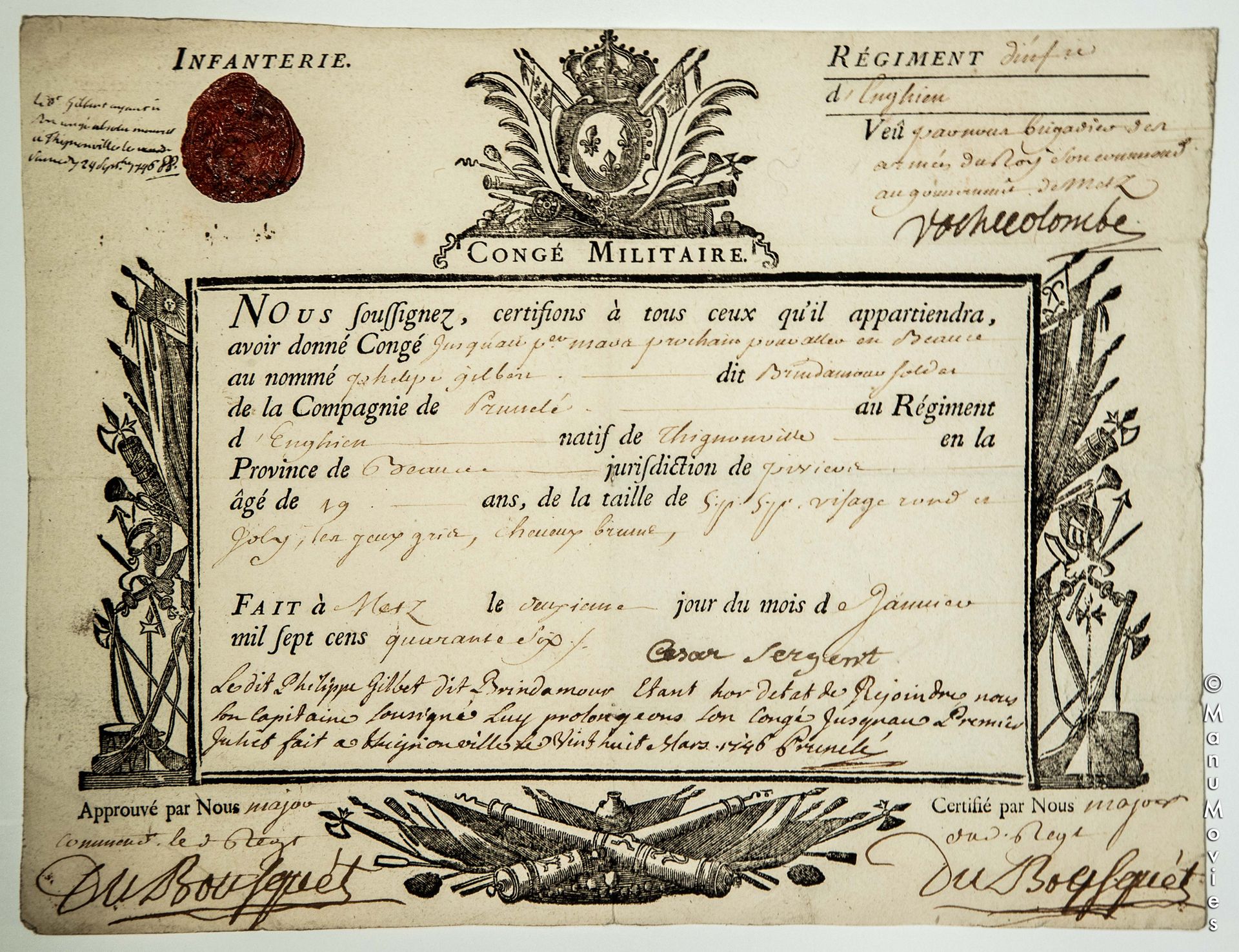 Null REGIMIENTO DE INFANTERÍA DE ENGHIEN. 1746. LICENCIA MILITAR al nombrado Phi&hellip;