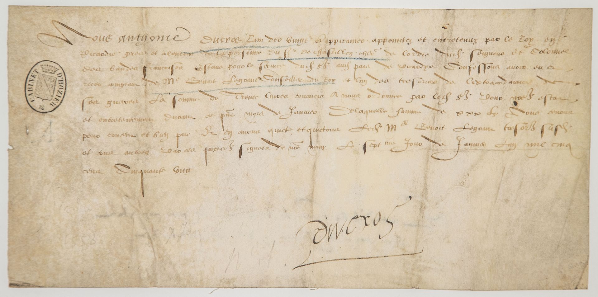 Null 皮卡迪，1558年。签署了Anthoine DUCROS的收据，该收据是国王在皮卡迪任命和维持的20名上尉之一，为法国军团的勋爵和上校Sieur de&hellip;