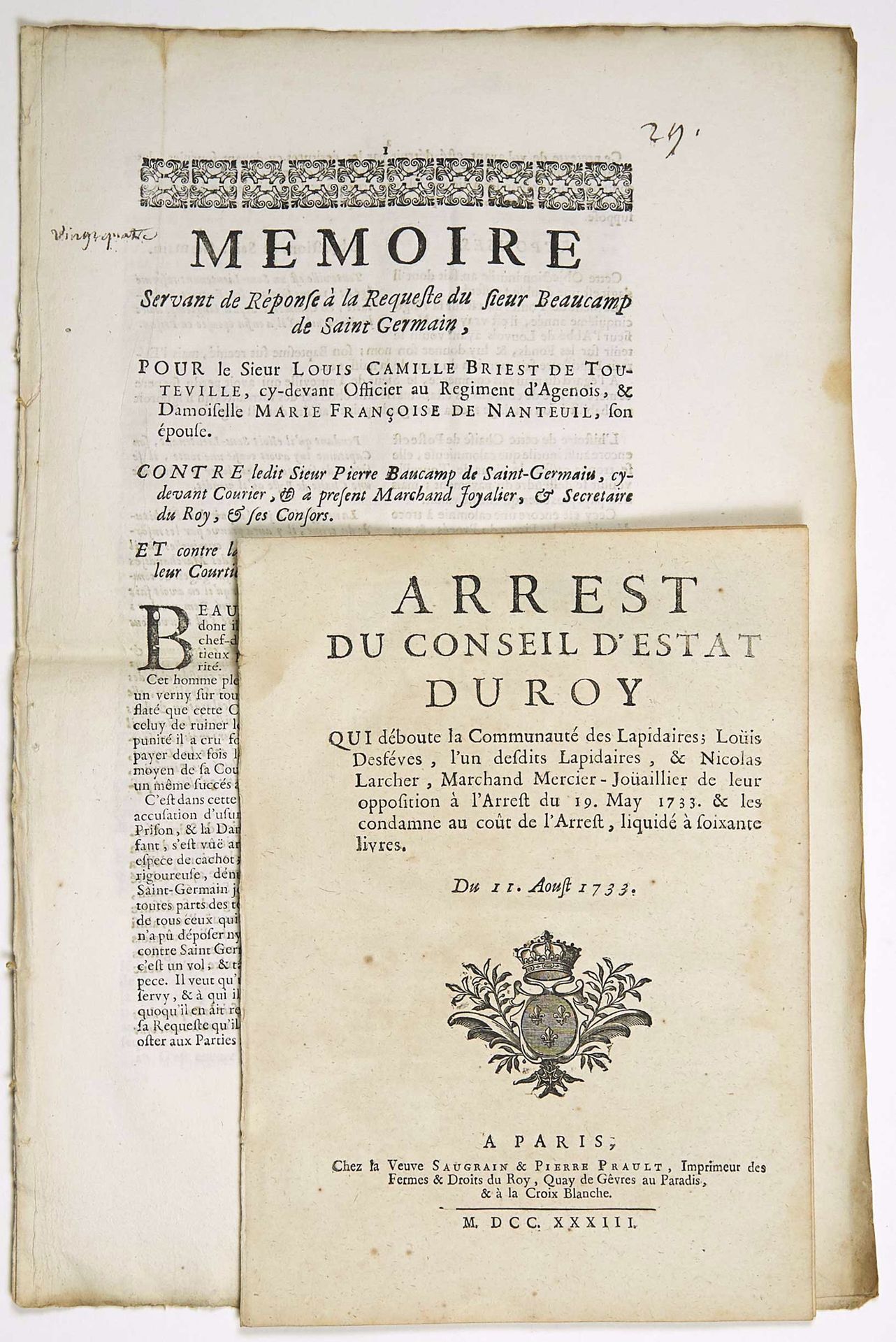 Null JOAILLIER-LAPIDAIRE. 2 Prints: "Arrest du Conseil d'Estat du Roy, qui débou&hellip;