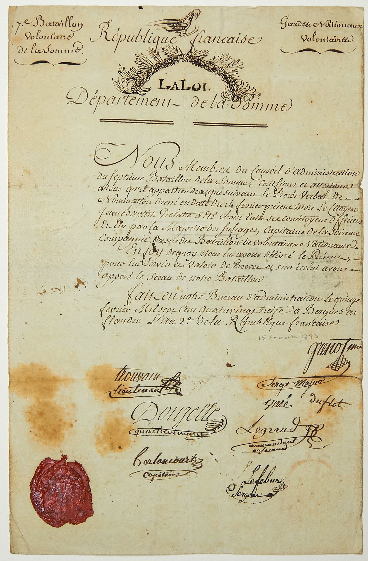 Null SOMME。1793.桑梅民族志愿军第七营委员会的签名文件--任命Jean Baptiste DELATTE为第六连连长，以多数票当选。1793年2月&hellip;
