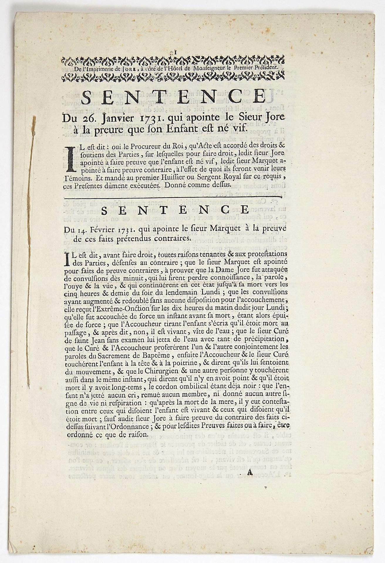 ROUEN (76). PARIS. Mémoire de procès de 1731, au sujet d'un ENFANT MORT EN COUCH&hellip;