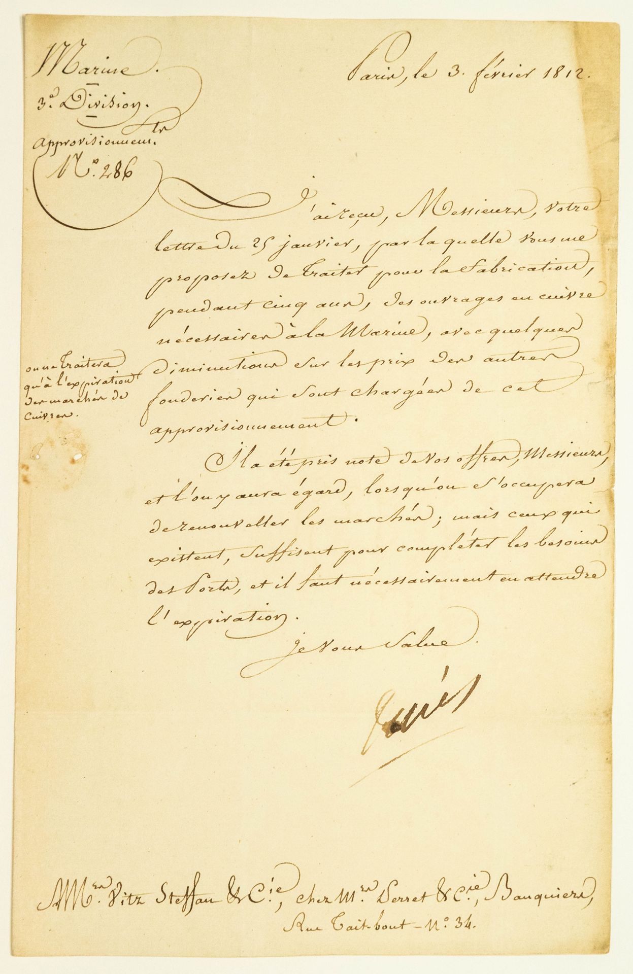 Null 海军。1812.署名为Denis DÉCRES(1761-1820)的信，海军部长。1812年2月3日在巴黎银行家M.Serret处给MM.Vitz &hellip;