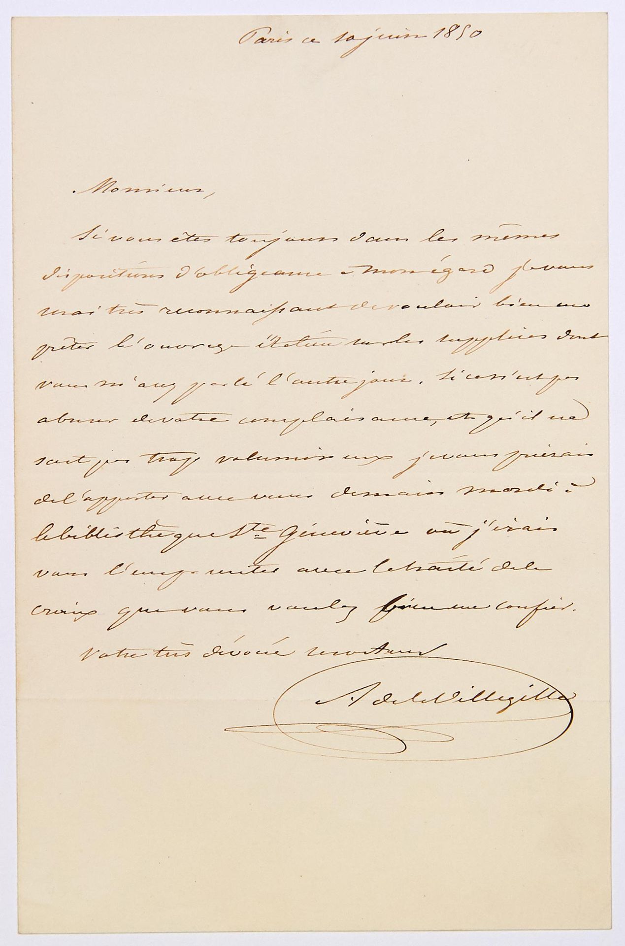 Null LA VILLEGILLE（Paul Arthur NOUAIL De），法国考古学家。(巴黎，1803年-1882年）--签名的亲笔信，巴黎，185&hellip;