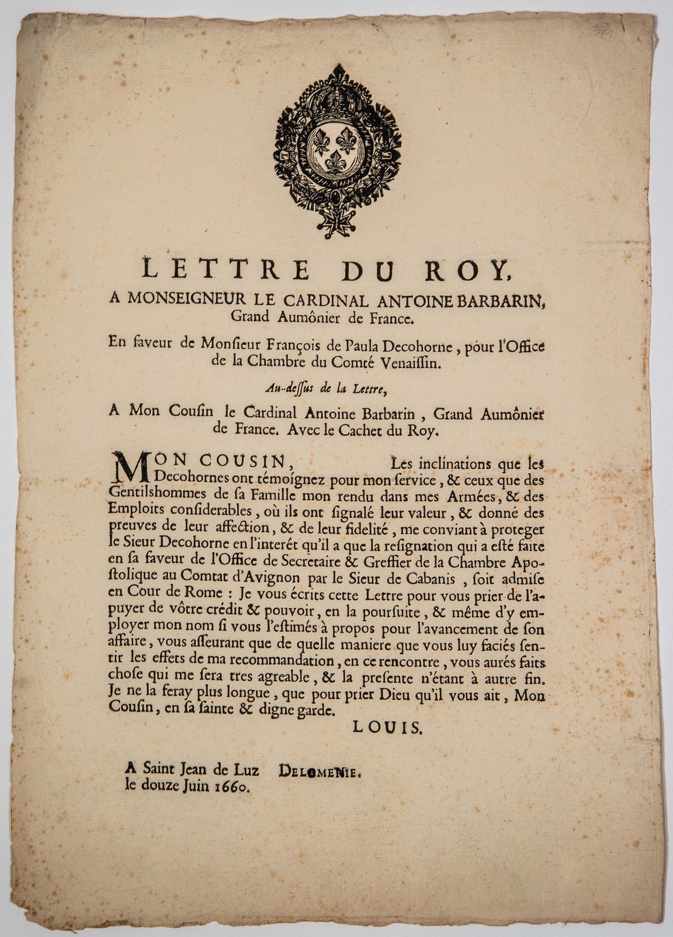 Null COMTAT D'AVIGNON. 1660. LETTRE DU ROY (LOUIS XIV), à Monseigneur le Cardina&hellip;