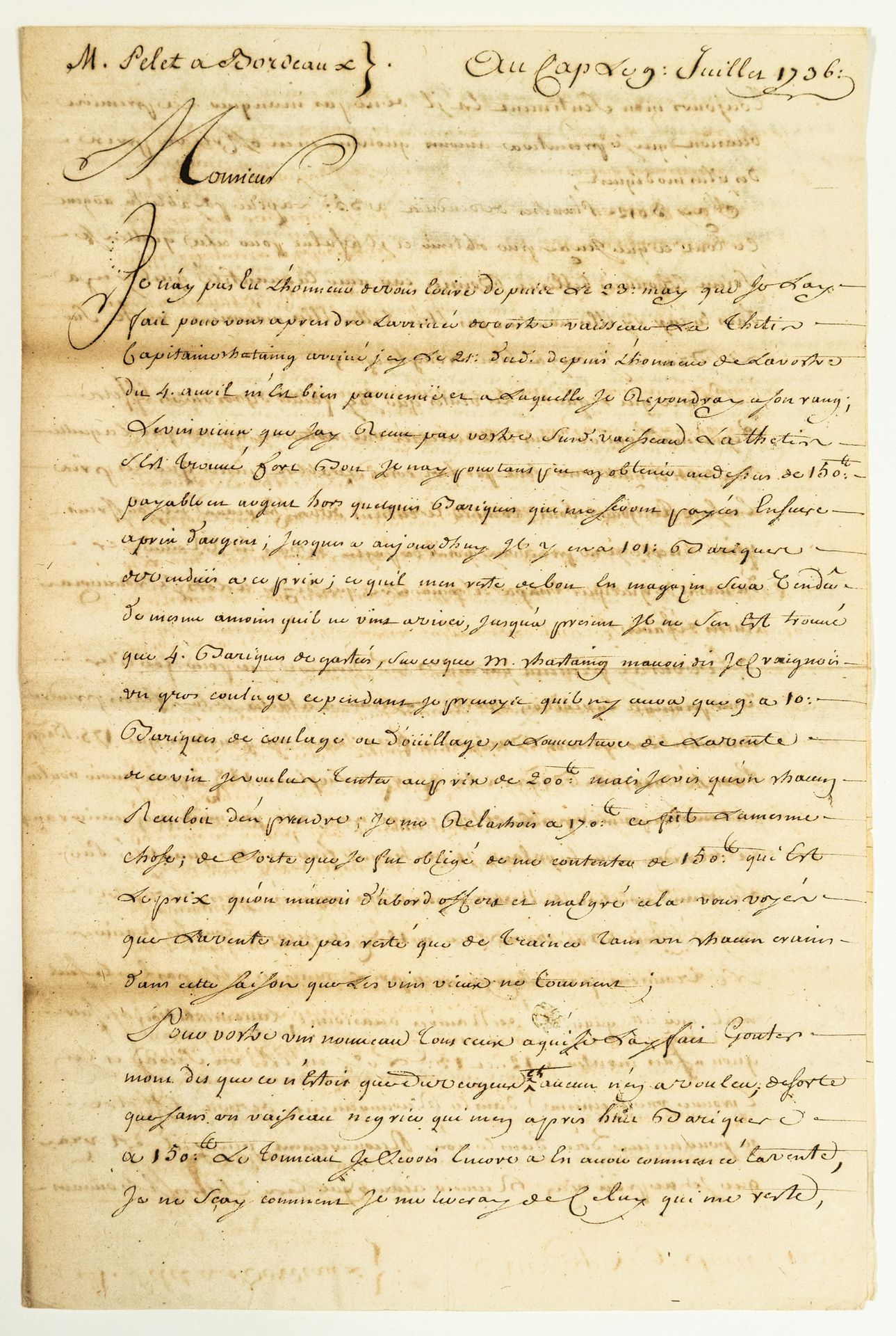 Null 圣多明戈1736年。BORDEAUX的PELET船主；1736年7月9日从CAPE（圣多明戈）写给BORDEAUX的PELET船主和商人先生的长信。4&hellip;