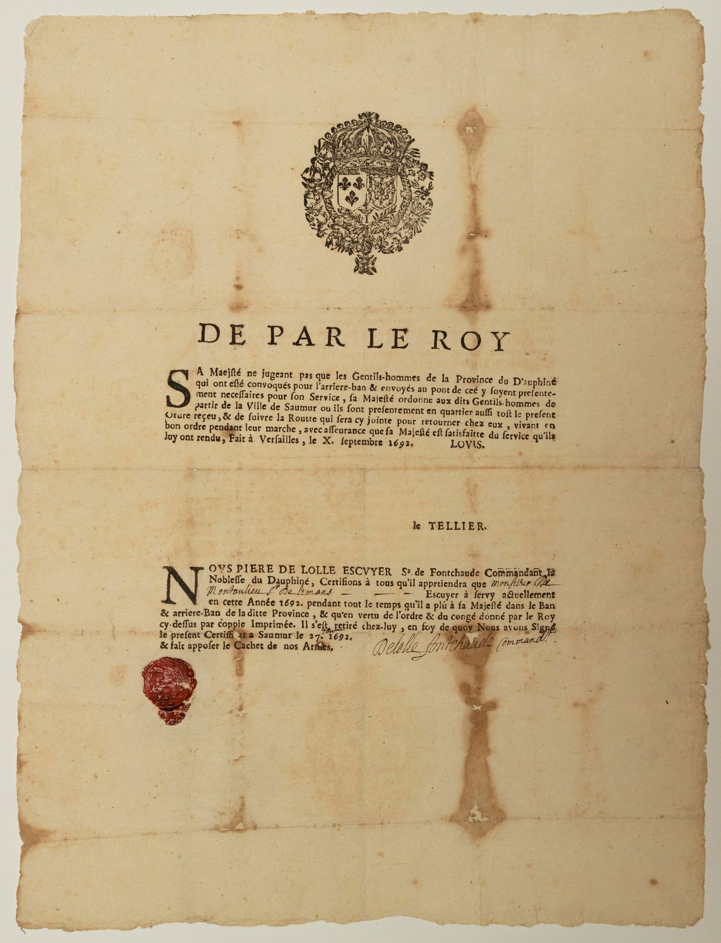 Null MAINE-ET-LOIRE. 1692. Convocation of the NOBLESSE DU DAUPHINÉ. Certificate &hellip;